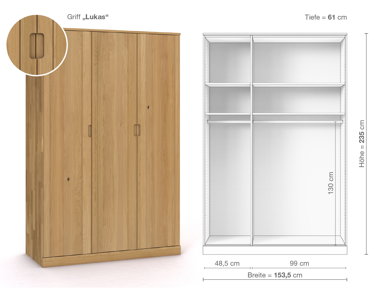 Schrank „Arnika“ aus Eiche Hell, 3-türig, Höhe 235 cm, Griffausführung „Lukas“, Inneneinrichtung A