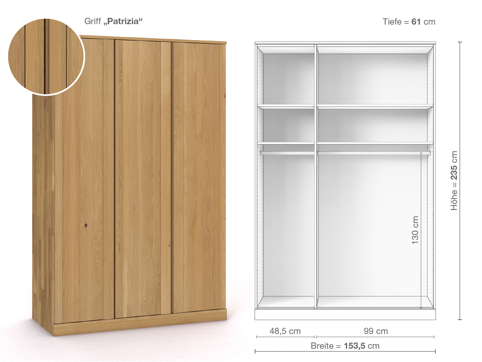 Schrank „Arnika“ aus Eiche Hell, 3-türig, Höhe 235 cm, Griffausführung „Patrizia“, Inneneinrichtung A