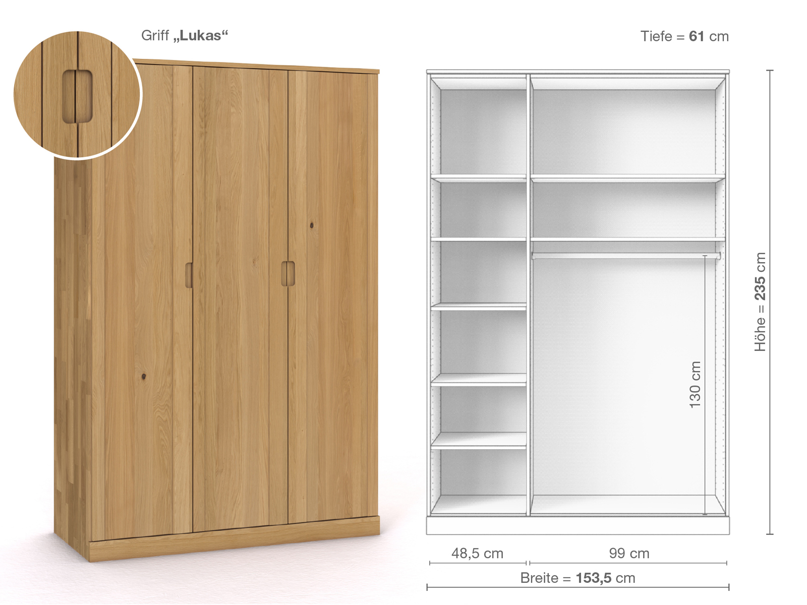 Schrank „Arnika“ aus Eiche Hell, 3-türig, Höhe 235 cm, Griffausführung „Lukas“, Inneneinrichtung B