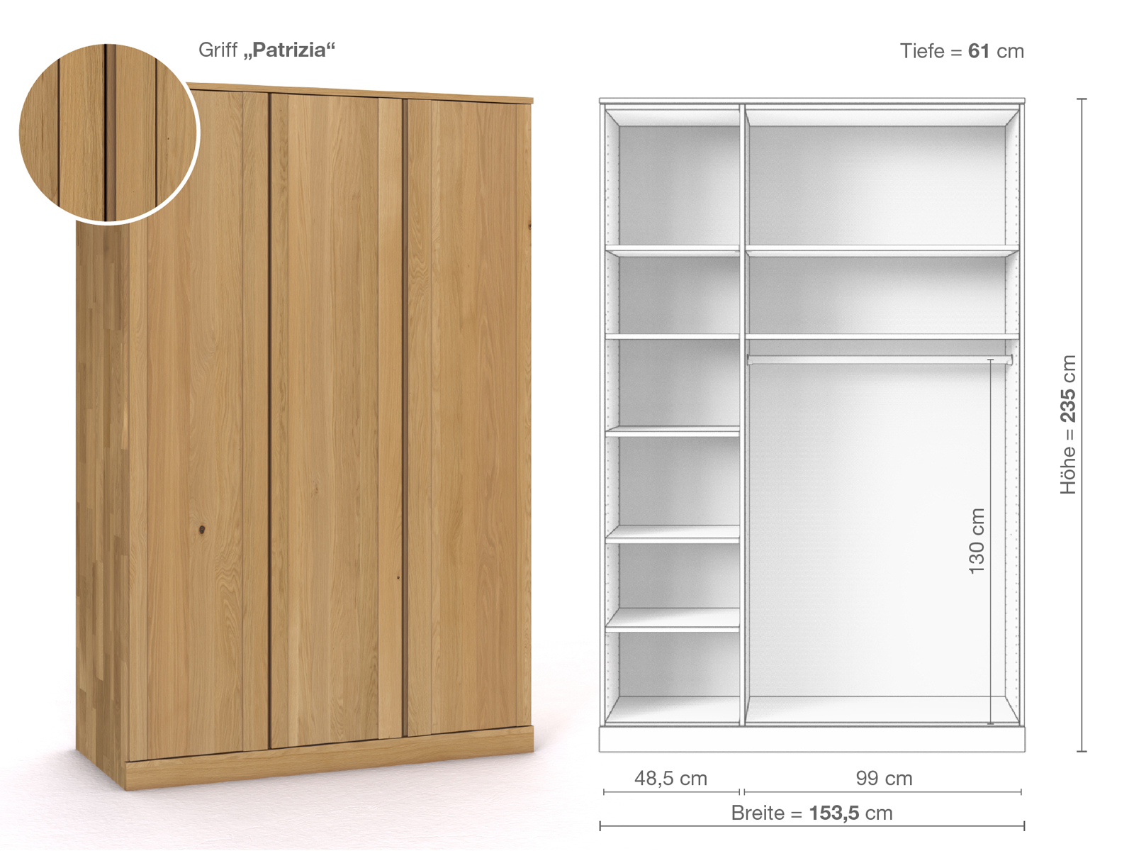 Schrank „Arnika“ aus Eiche Hell, 3-türig, Höhe 235 cm, Griffausführung „Patrizia“, Inneneinrichtung B