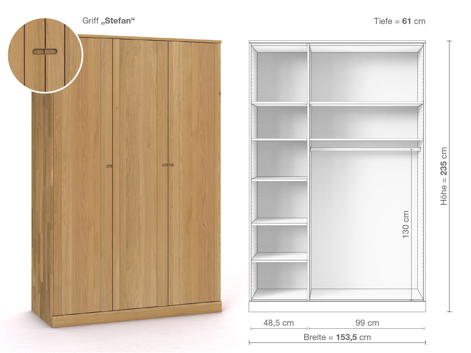 Schrank „Arnika“ aus Eiche Hell, 3-türig, Höhe 235 cm, Griffausführung „Stefan“, Inneneinrichtung B