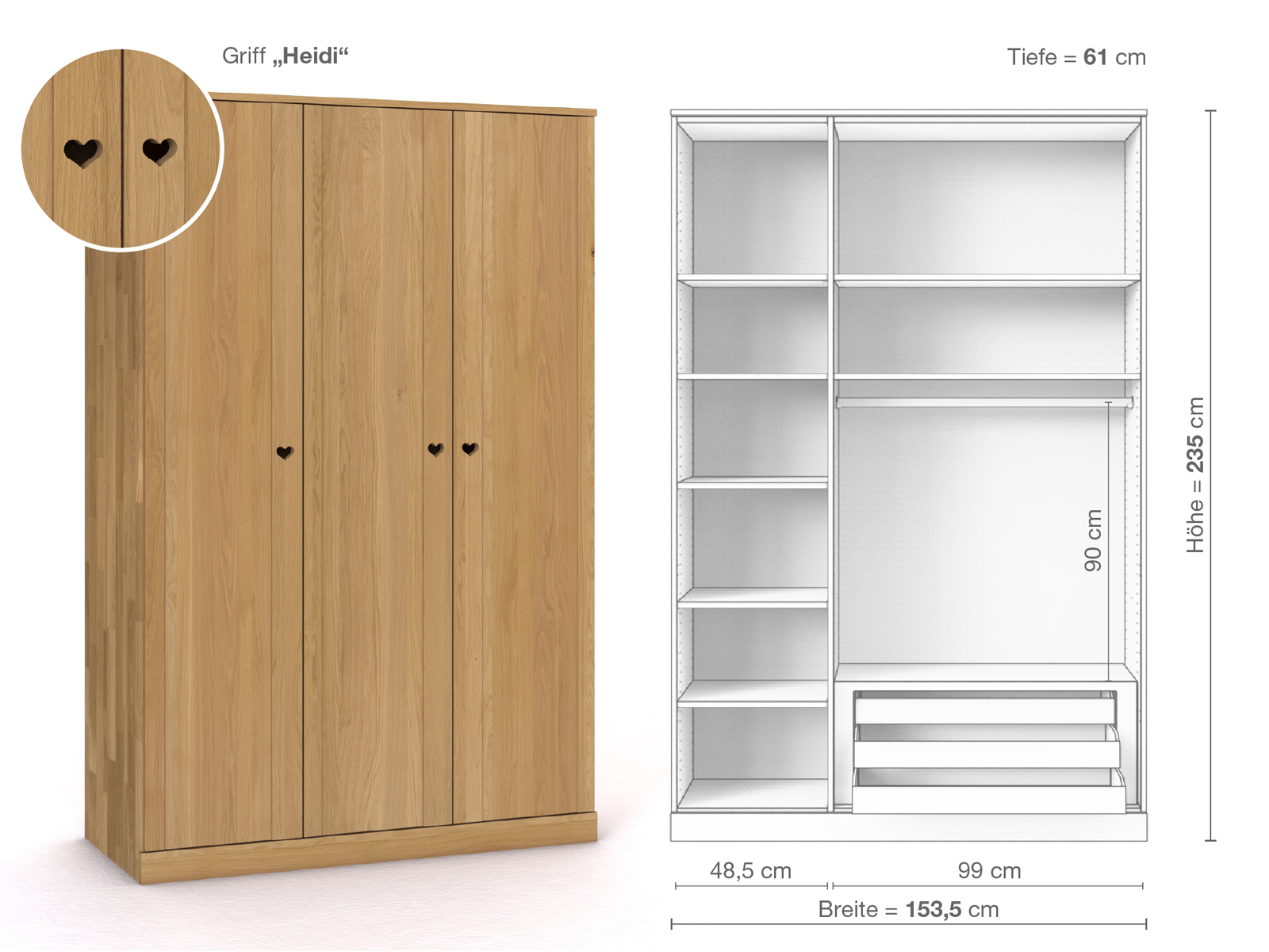 Schrank „Arnika“ aus Eiche Hell, 3-türig, Höhe 235 cm, Griffausführung „Heidi“, Inneneinrichtung C
