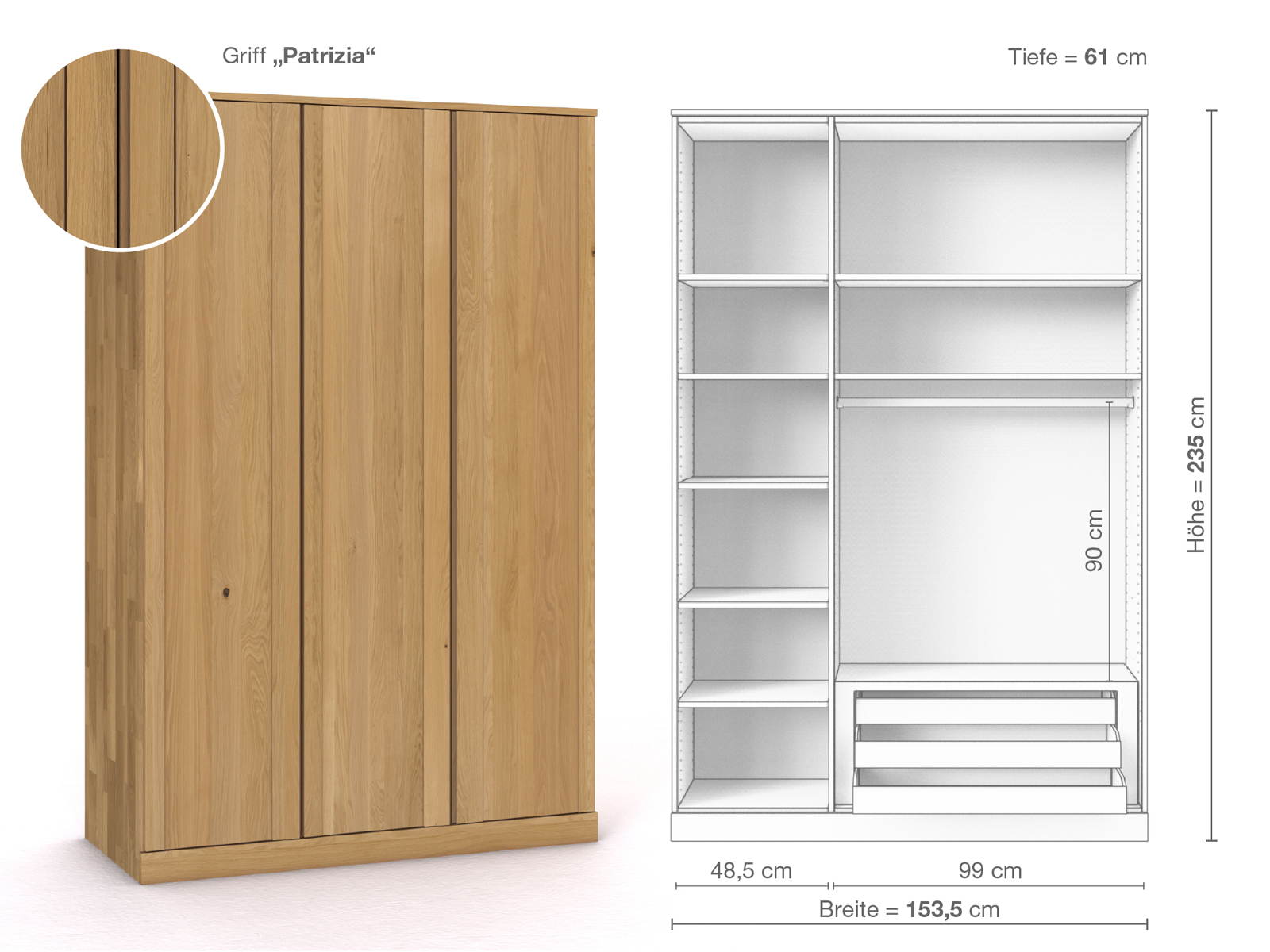 Schrank „Arnika“ aus Eiche Hell, 3-türig, Höhe 235 cm, Griffausführung „Patrizia“, Inneneinrichtung C