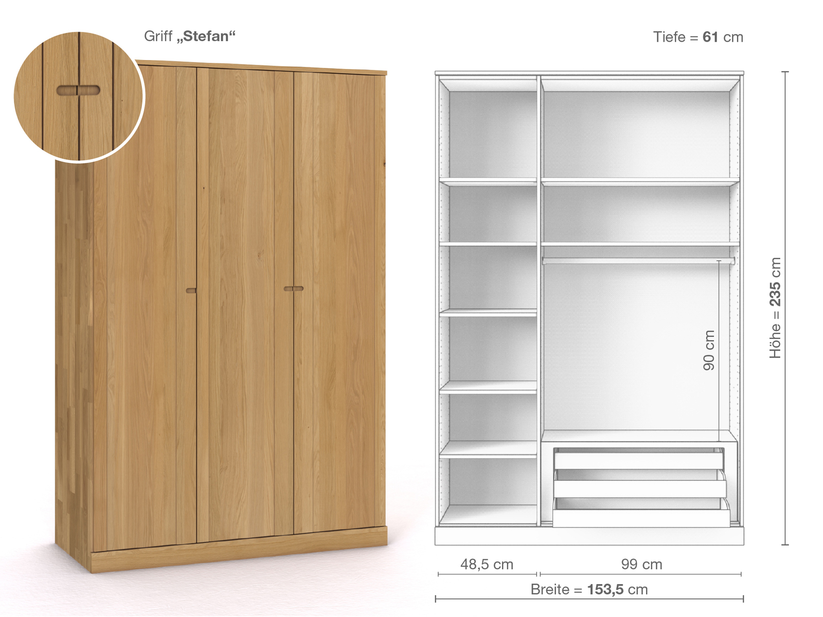 Schrank „Arnika“ aus Eiche Hell, 3-türig, Höhe 235 cm, Griffausführung „Stefan“, Inneneinrichtung C