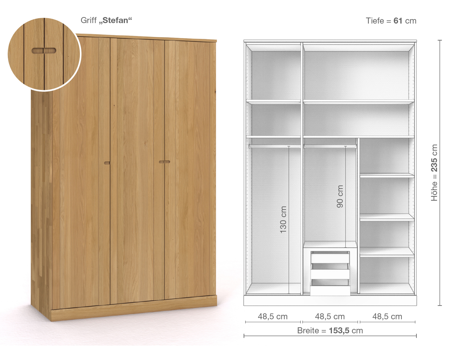 Schrank „Arnika“ aus Eiche Hell, 3-türig, Höhe 235 cm, Griffausführung „Stefan“, Inneneinrichtung D