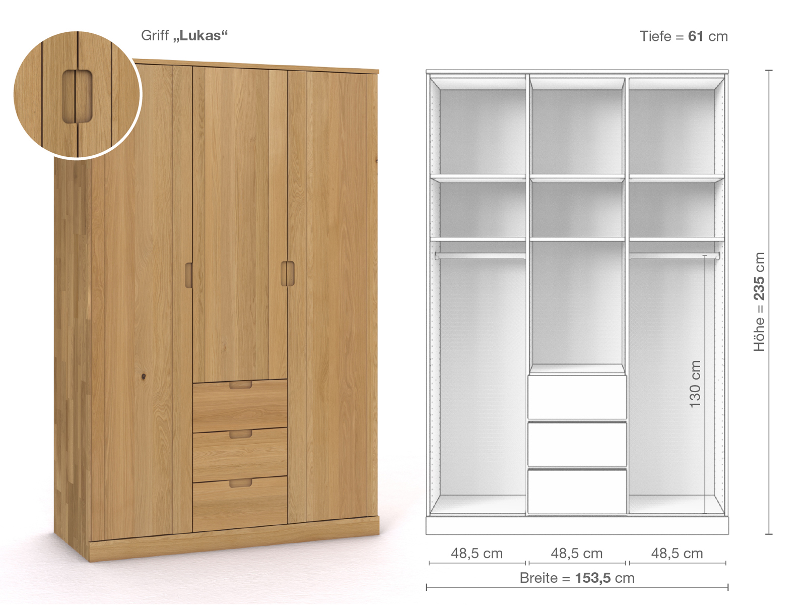 Schrank „Arnika“ aus Eiche Hell, 3-türig, Höhe 235 cm, Griffausführung „Lukas“, Inneneinrichtung E