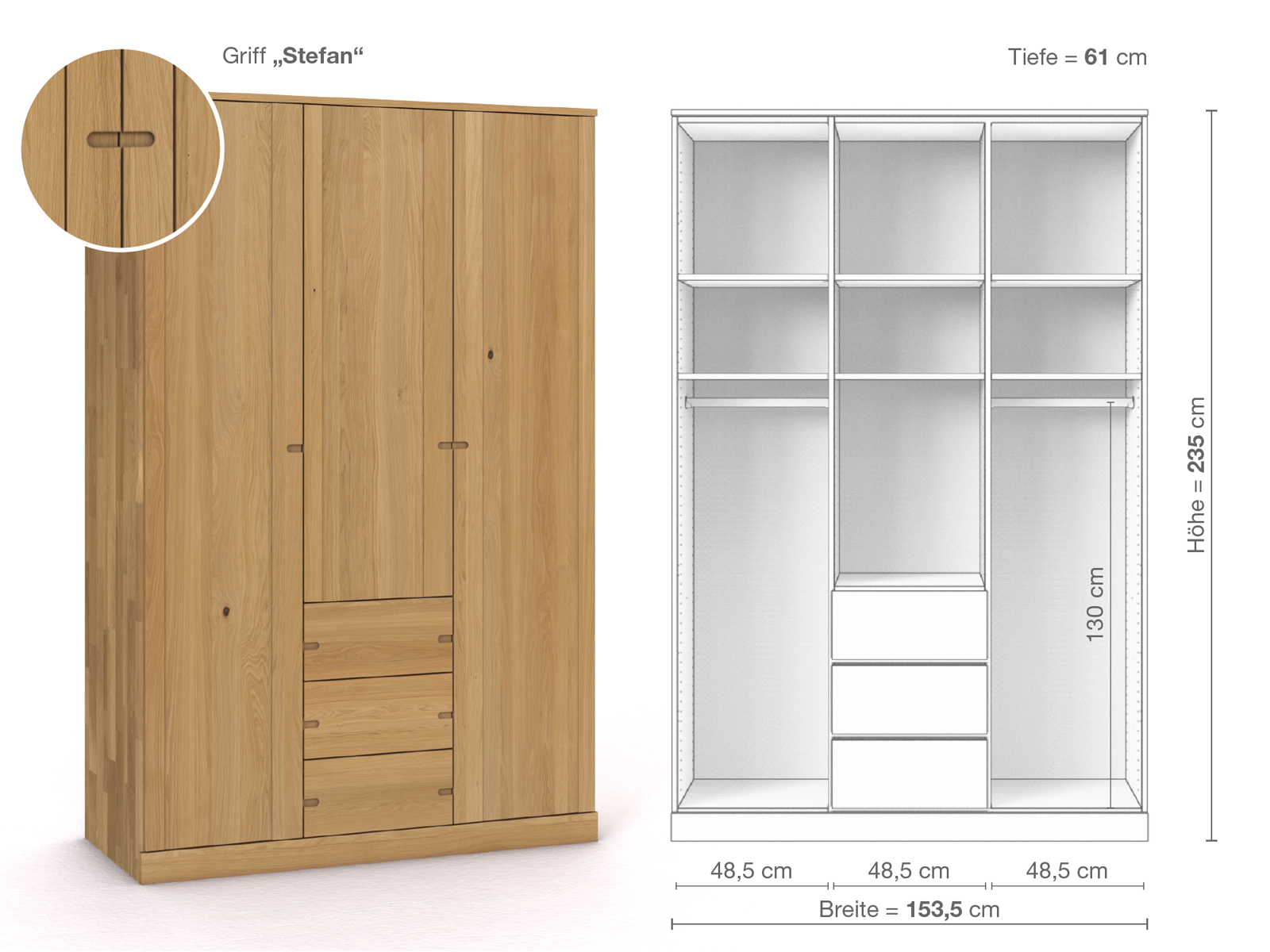 Schrank „Arnika“ aus Eiche Hell, 3-türig, Höhe 235 cm, Griffausführung „Stefan“, Inneneinrichtung E