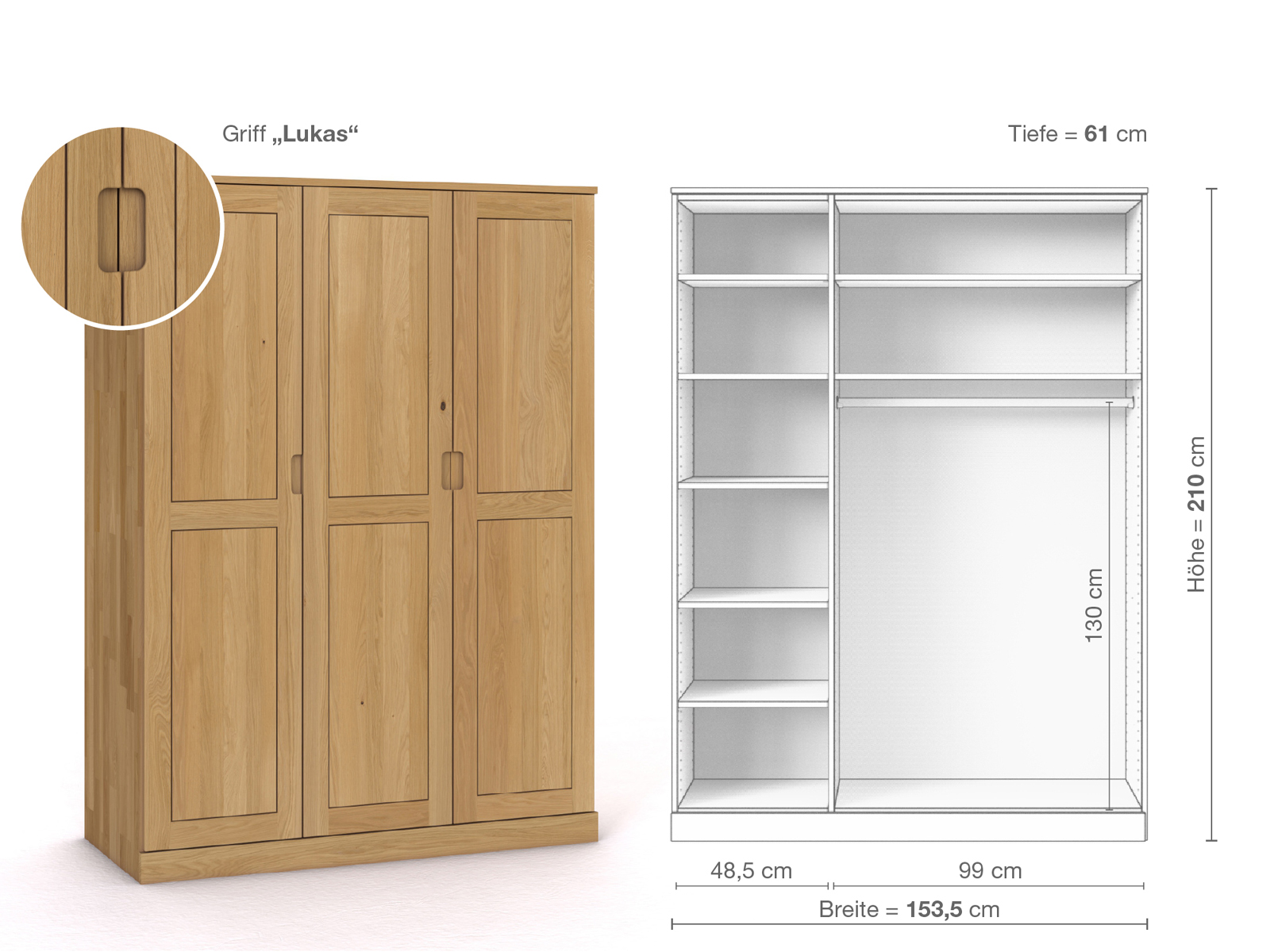 Schrank „Edelweiß“ aus Eiche Hell, 3-türig, Höhe 210 cm, Griffausführung „Lukas“, Inneneinrichtung B