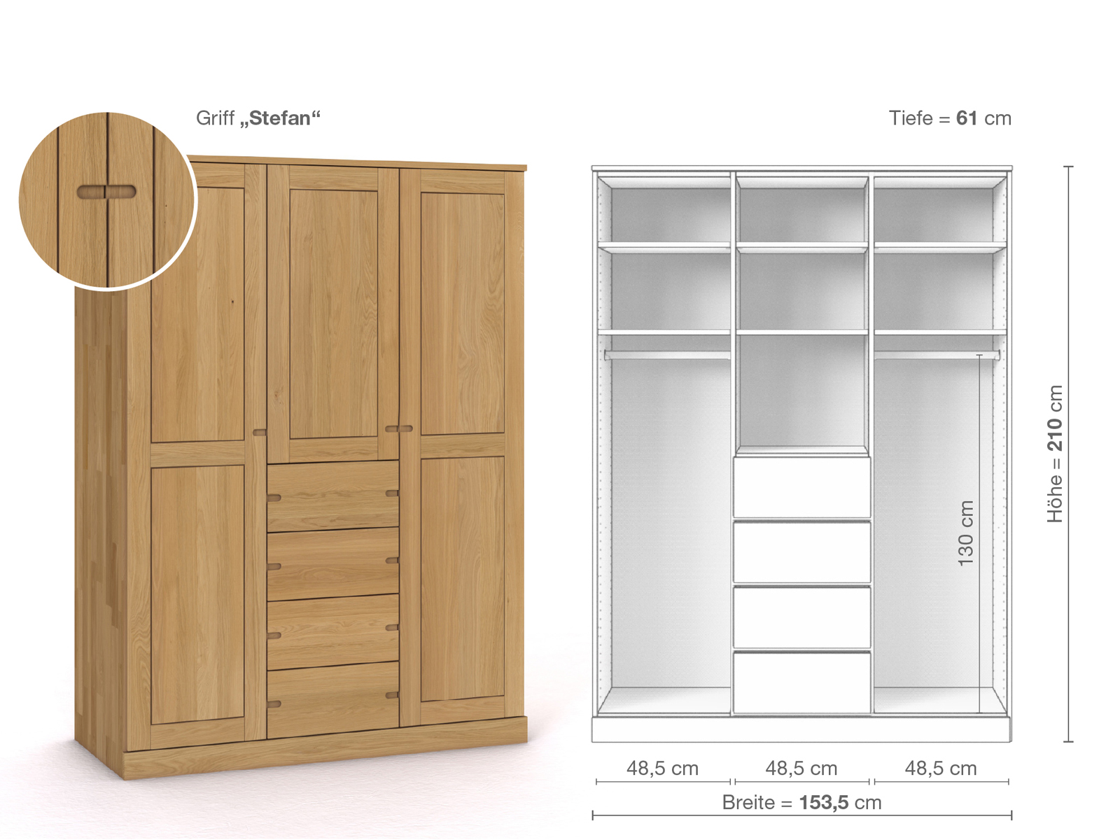 Schrank „Edelweiß“ aus Eiche Hell, 3-türig, Höhe 210 cm, Griffausführung „Stefan“, Inneneinrichtung E