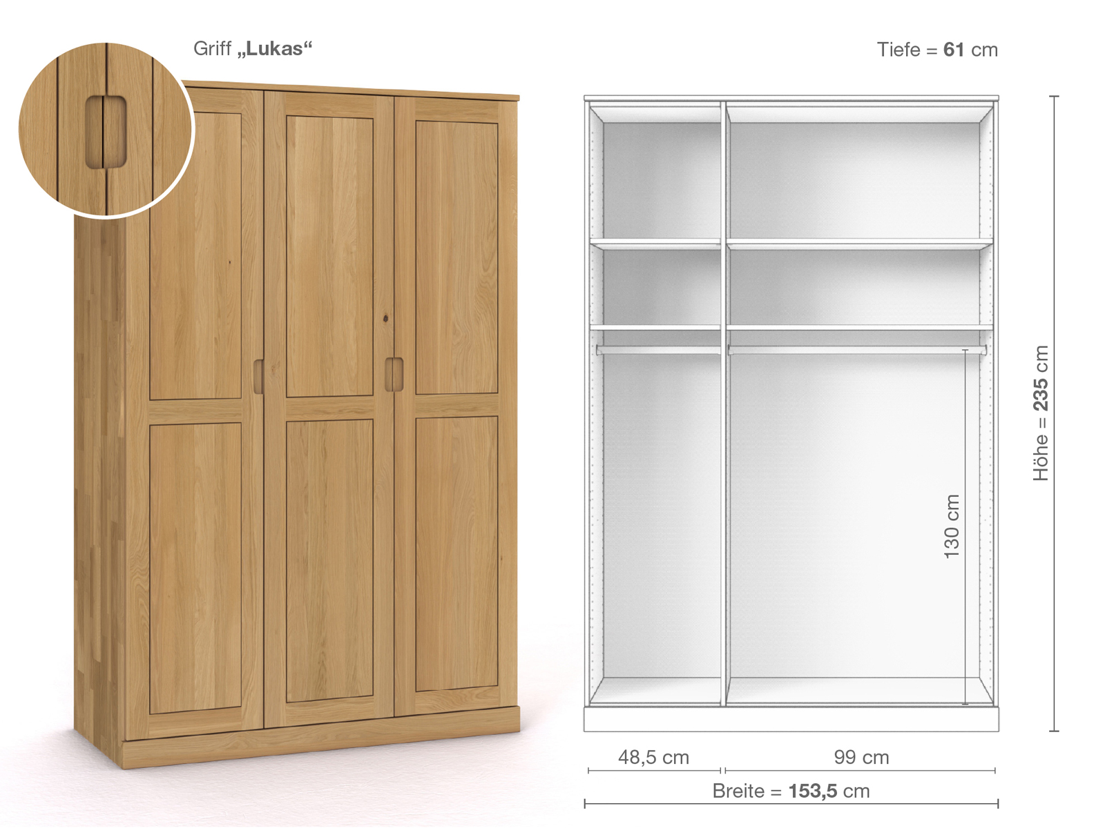 Schrank „Edelweiß“ aus Eiche Hell, 3-türig, Höhe 235 cm, Griffausführung „Lukas“, Inneneinrichtung A