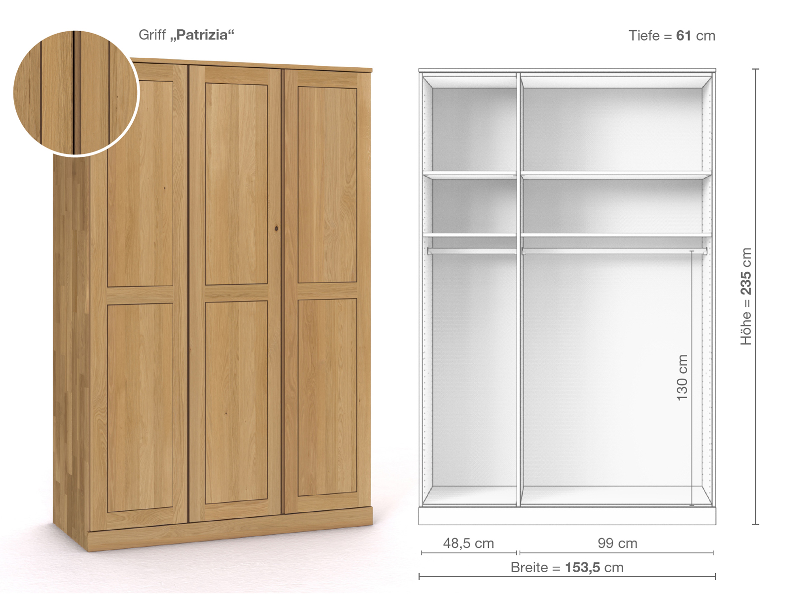 Schrank „Edelweiß“ aus Eiche Hell, 3-türig, Höhe 235 cm, Griffausführung „Patrizia“, Inneneinrichtung A