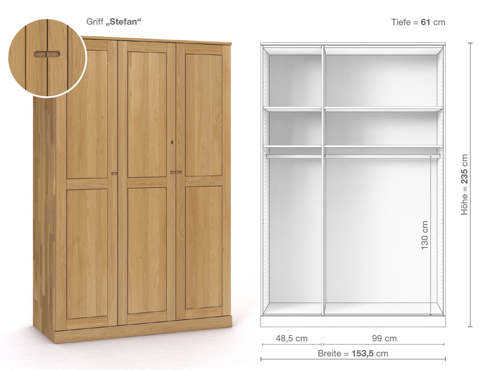 Schrank „Edelweiß“ aus Eiche Hell, 3-türig, Höhe 235 cm, Griffausführung „Stefan“, Inneneinrichtung A