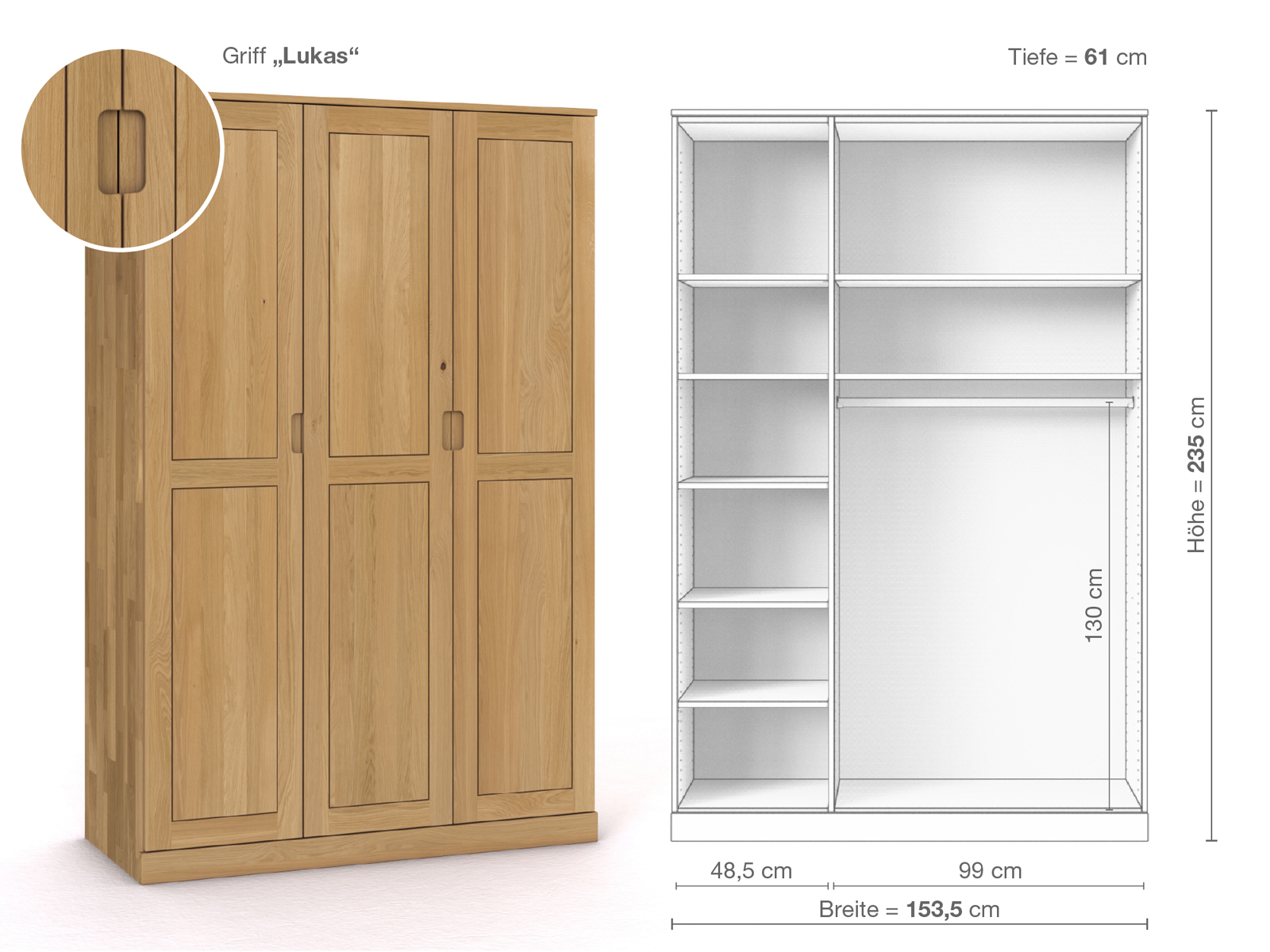 Schrank „Edelweiß“ aus Eiche Hell, 3-türig, Höhe 235 cm, Griffausführung „Lukas“, Inneneinrichtung B