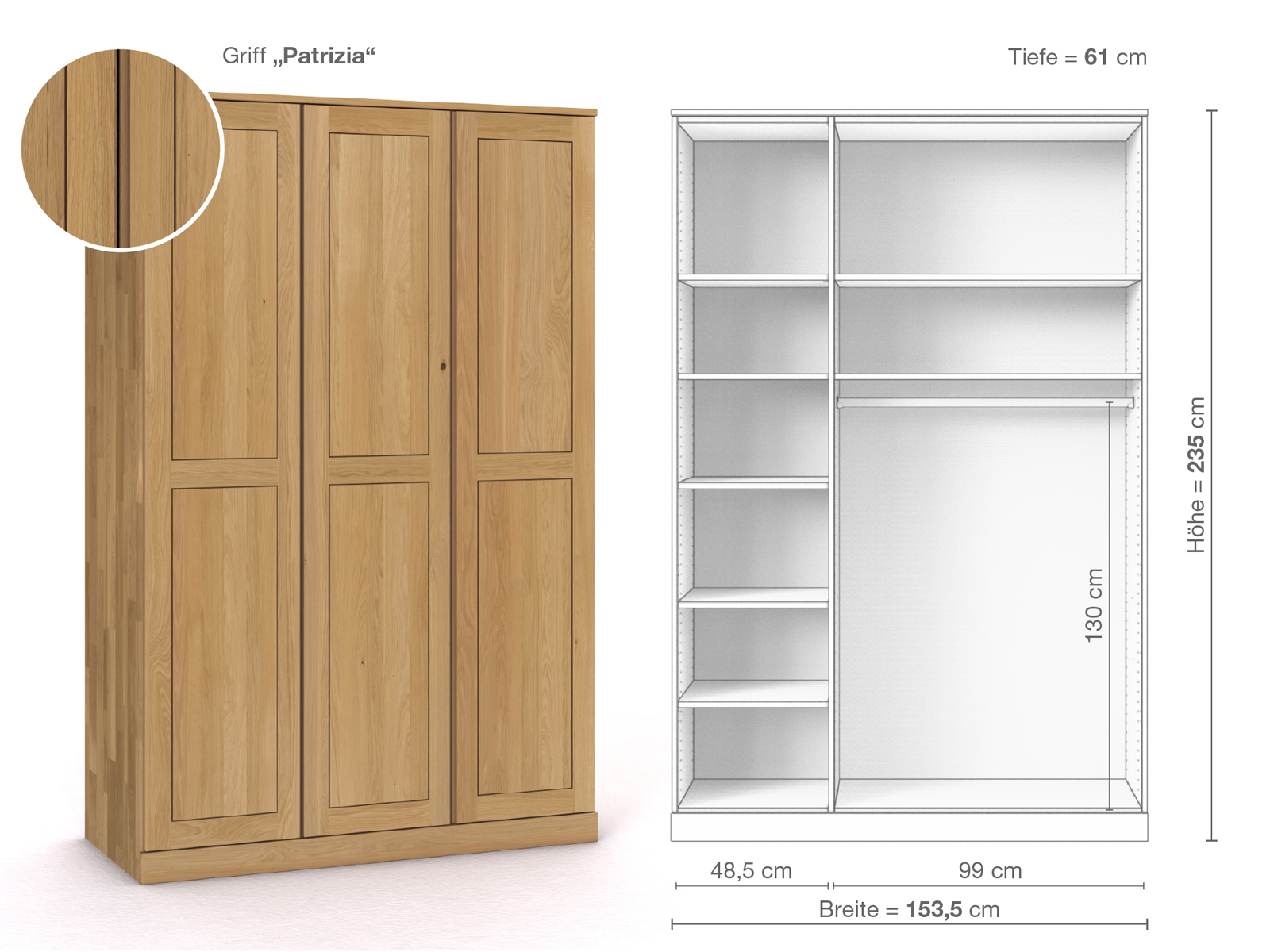 Schrank „Edelweiß“ aus Eiche Hell, 3-türig, Höhe 235 cm, Griffausführung „Patrizia“, Inneneinrichtung B