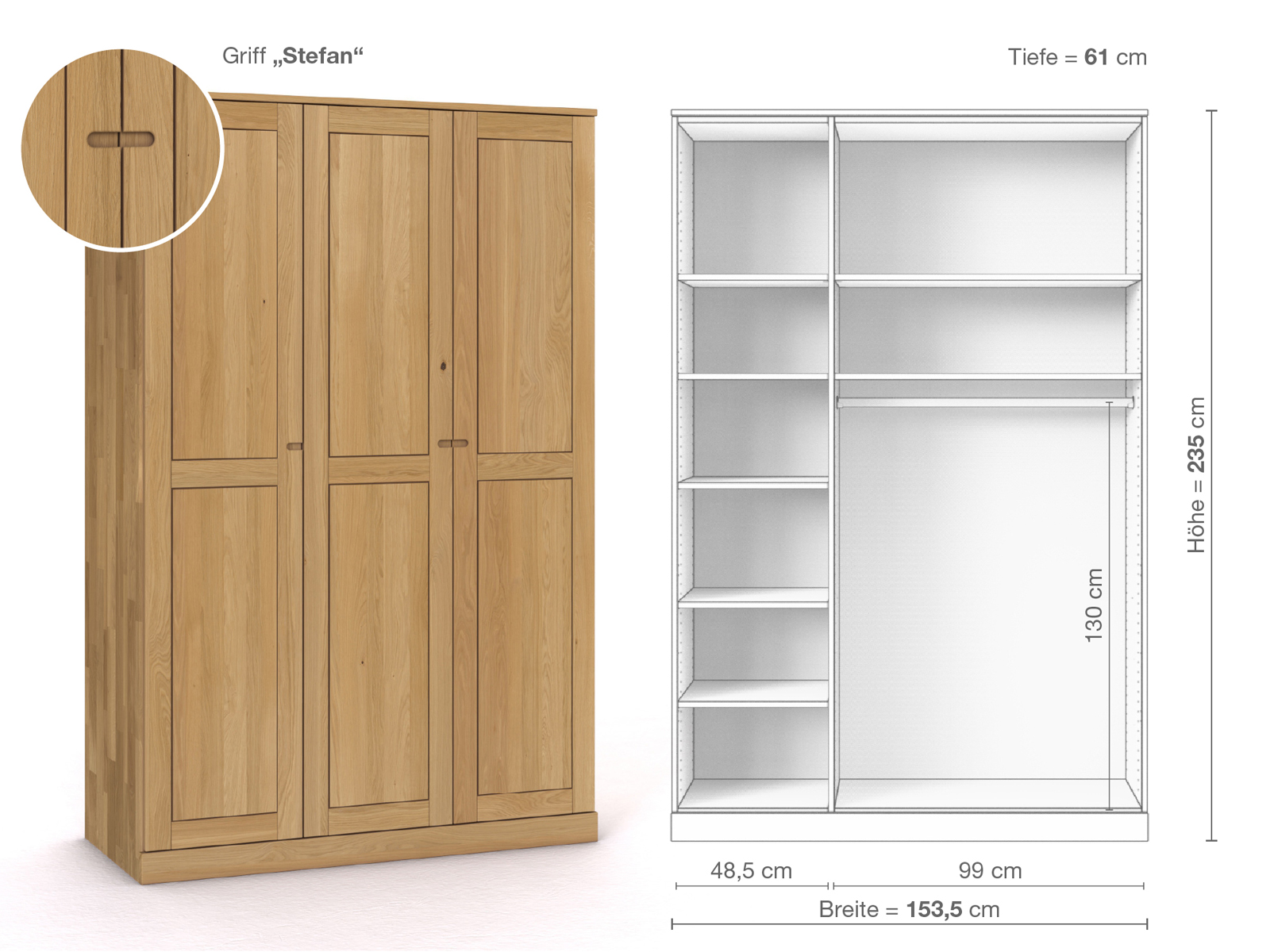 Schrank „Edelweiß“ aus Eiche Hell, 3-türig, Höhe 235 cm, Griffausführung „Stefan“, Inneneinrichtung B