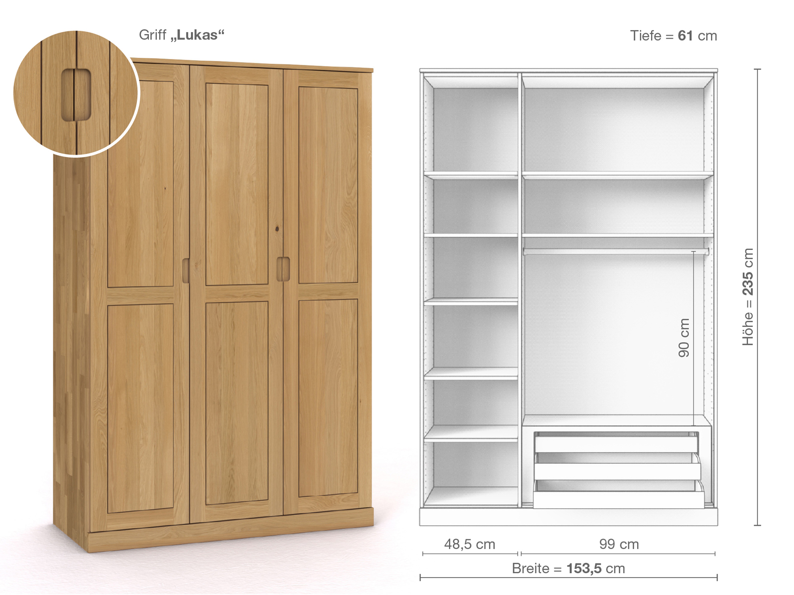 Schrank „Edelweiß“ aus Eiche Hell, 3-türig, Höhe 235 cm, Griffausführung „Lukas“, Inneneinrichtung C