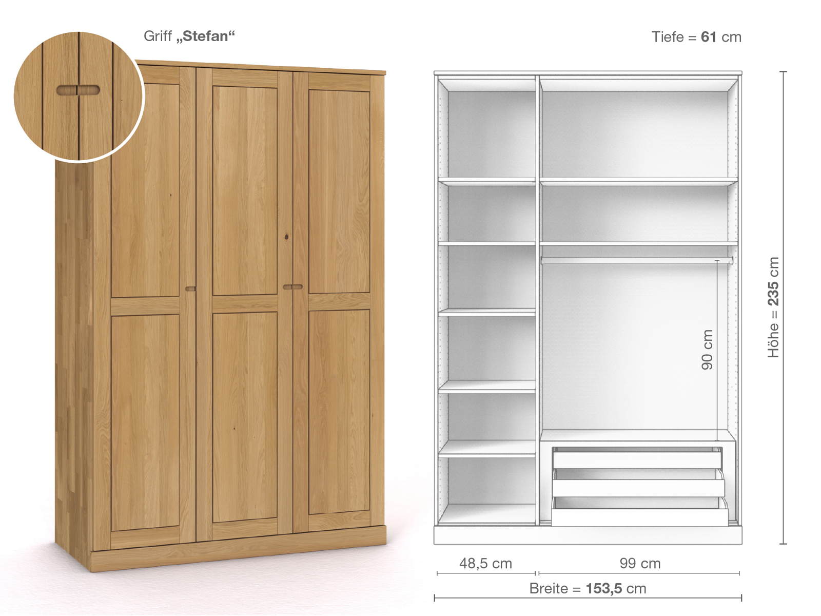 Schrank „Edelweiß“ aus Eiche Hell, 3-türig, Höhe 235 cm, Griffausführung „Stefan“, Inneneinrichtung C