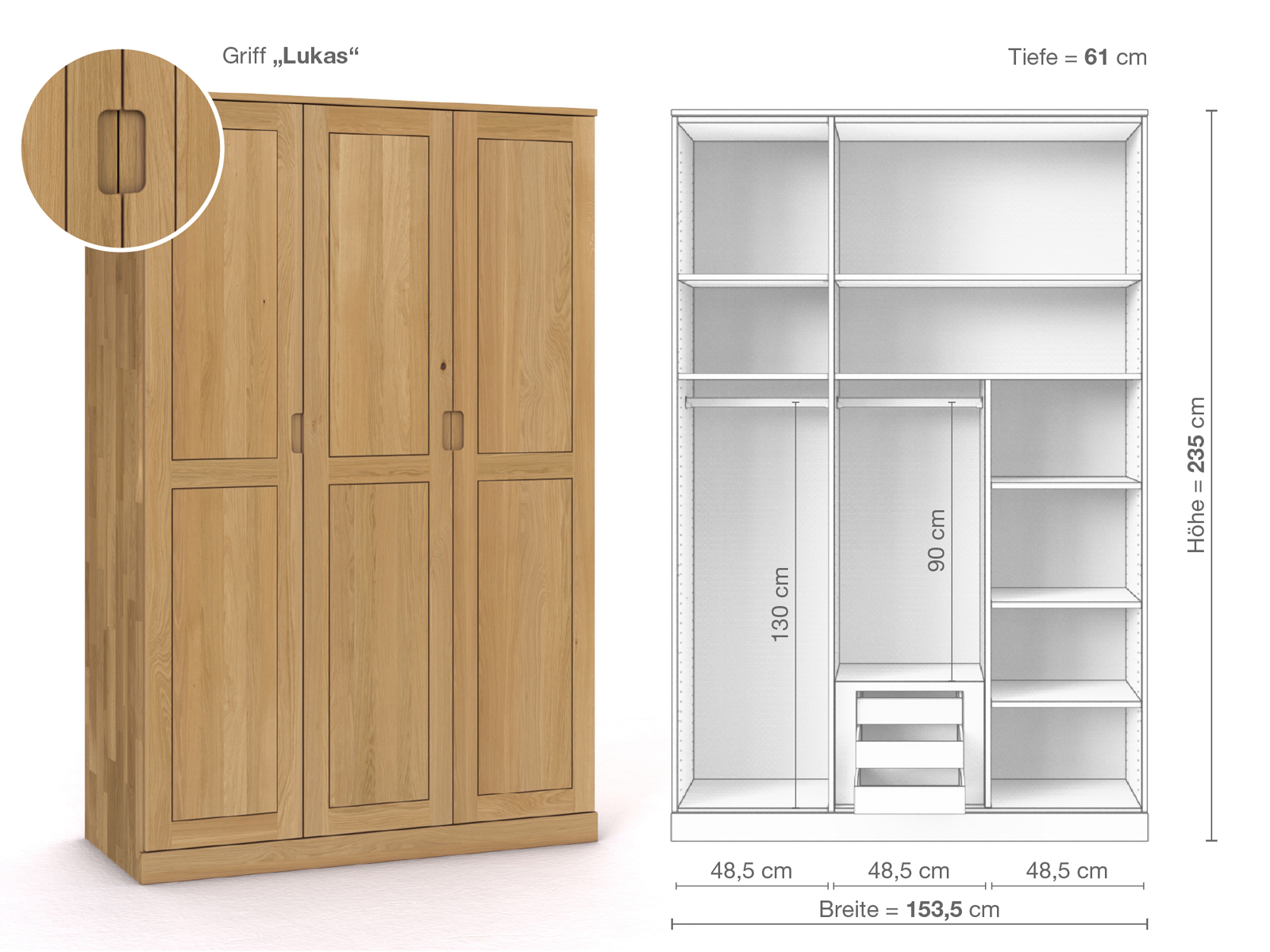 Schrank „Edelweiß“ aus Eiche Hell, 3-türig, Höhe 235 cm, Griffausführung „Lukas“, Inneneinrichtung D