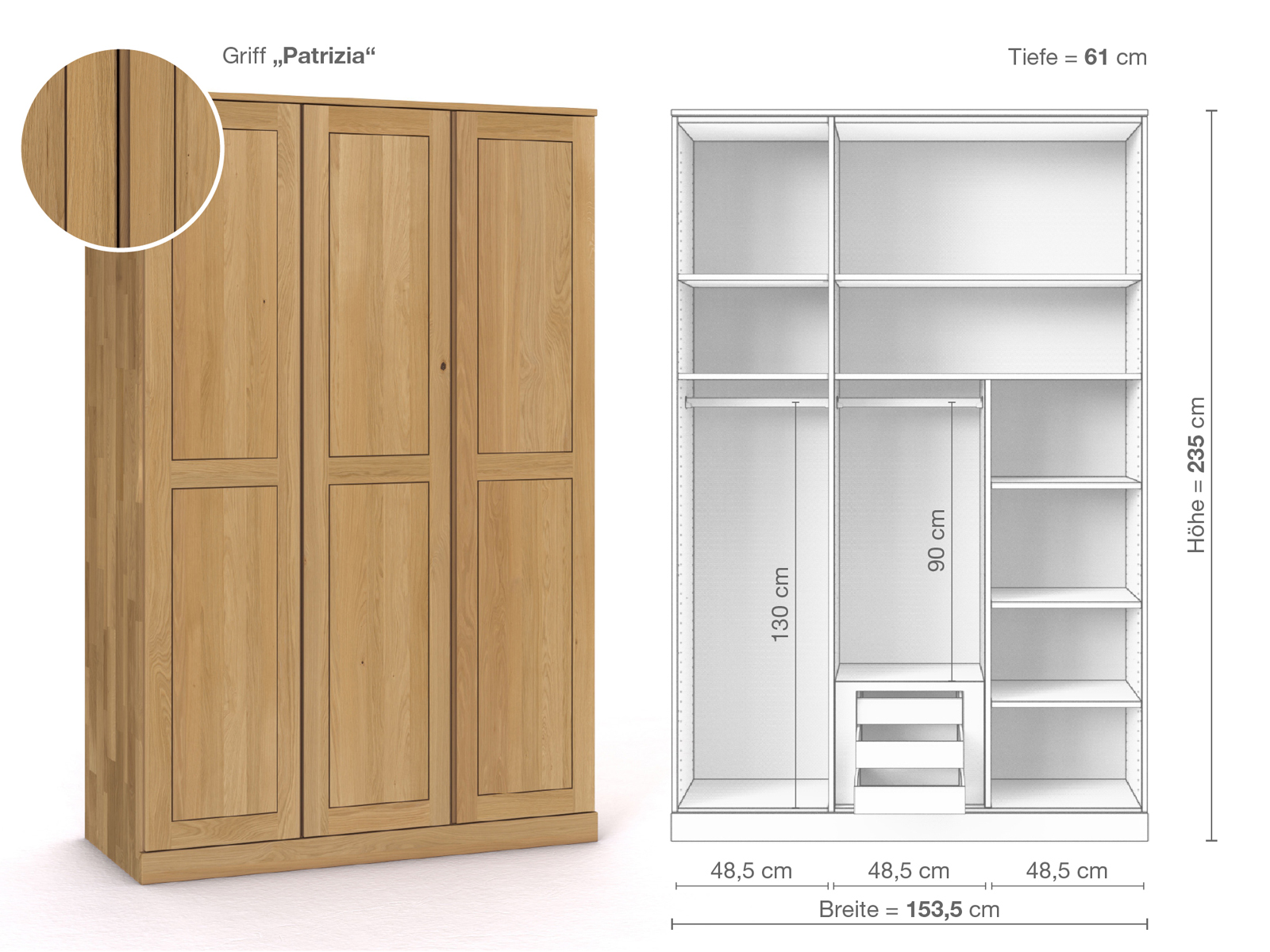 Schrank „Edelweiß“ aus Eiche Hell, 3-türig, Höhe 235 cm, Griffausführung „Patrizia“, Inneneinrichtung D