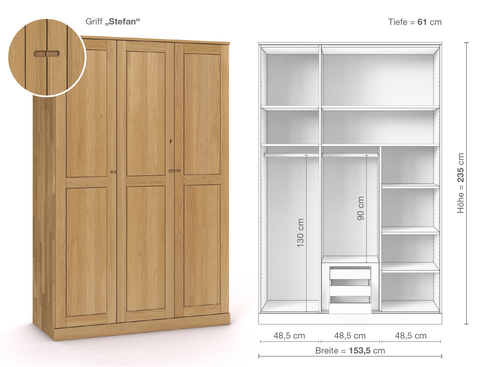 Schrank „Edelweiß“ aus Eiche Hell, 3-türig, Höhe 235 cm, Griffausführung „Stefan“, Inneneinrichtung D