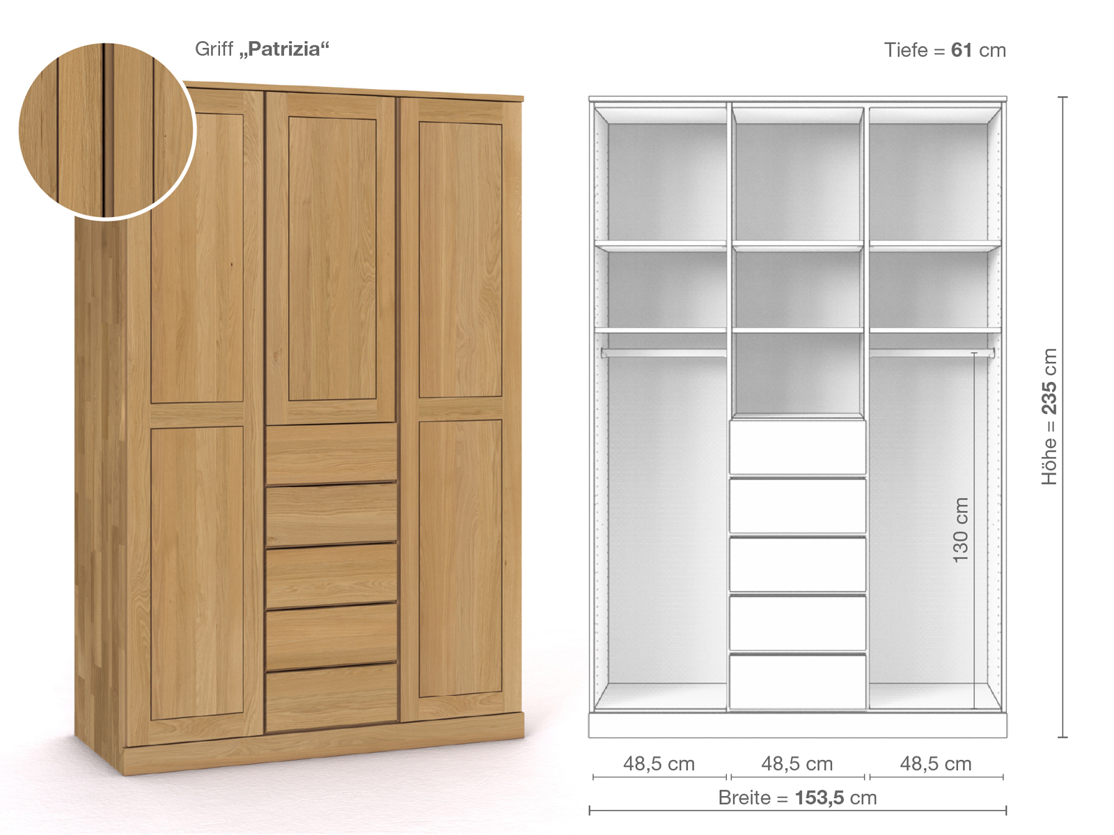 Schrank „Edelweiß“ aus Eiche Hell, 3-türig, Höhe 235 cm, Griffausführung „Patrizia“, Inneneinrichtung E