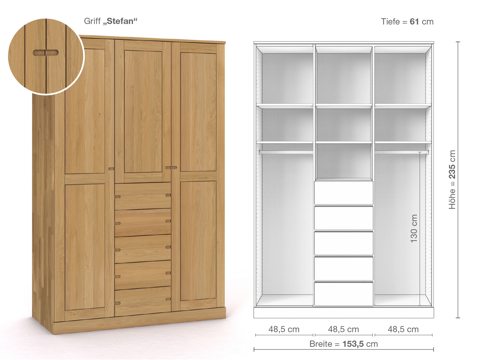 Schrank „Edelweiß“ aus Eiche Hell, 3-türig, Höhe 235 cm, Griffausführung „Stefan“, Inneneinrichtung E