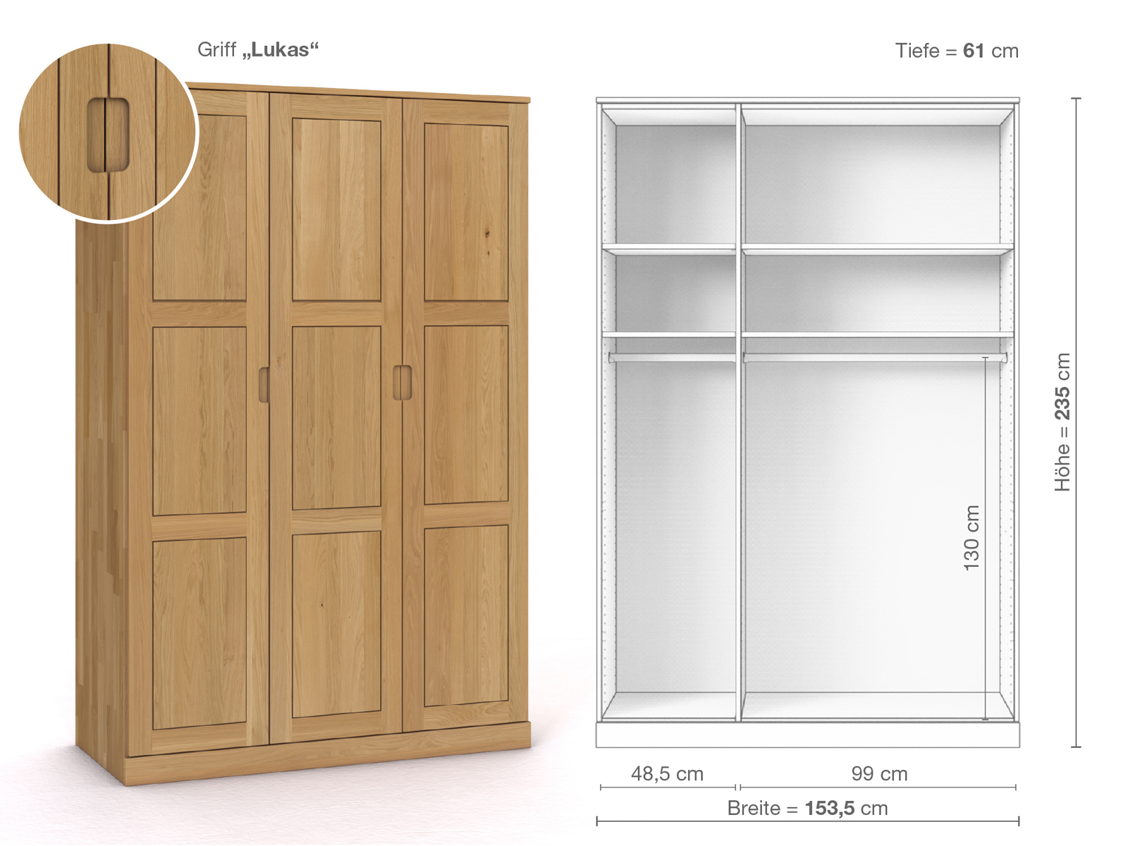 Schrank „Enzian“ aus Eiche Hell, 3-türig, Höhe 235 cm, Griffausführung „Lukas“, Inneneinrichtung A