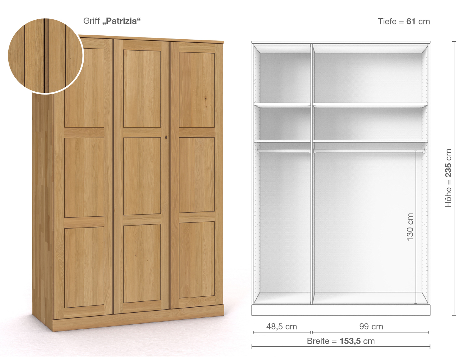 Schrank „Enzian“ aus Eiche Hell, 3-türig, Höhe 235 cm, Griffausführung „Patrizia“, Inneneinrichtung A