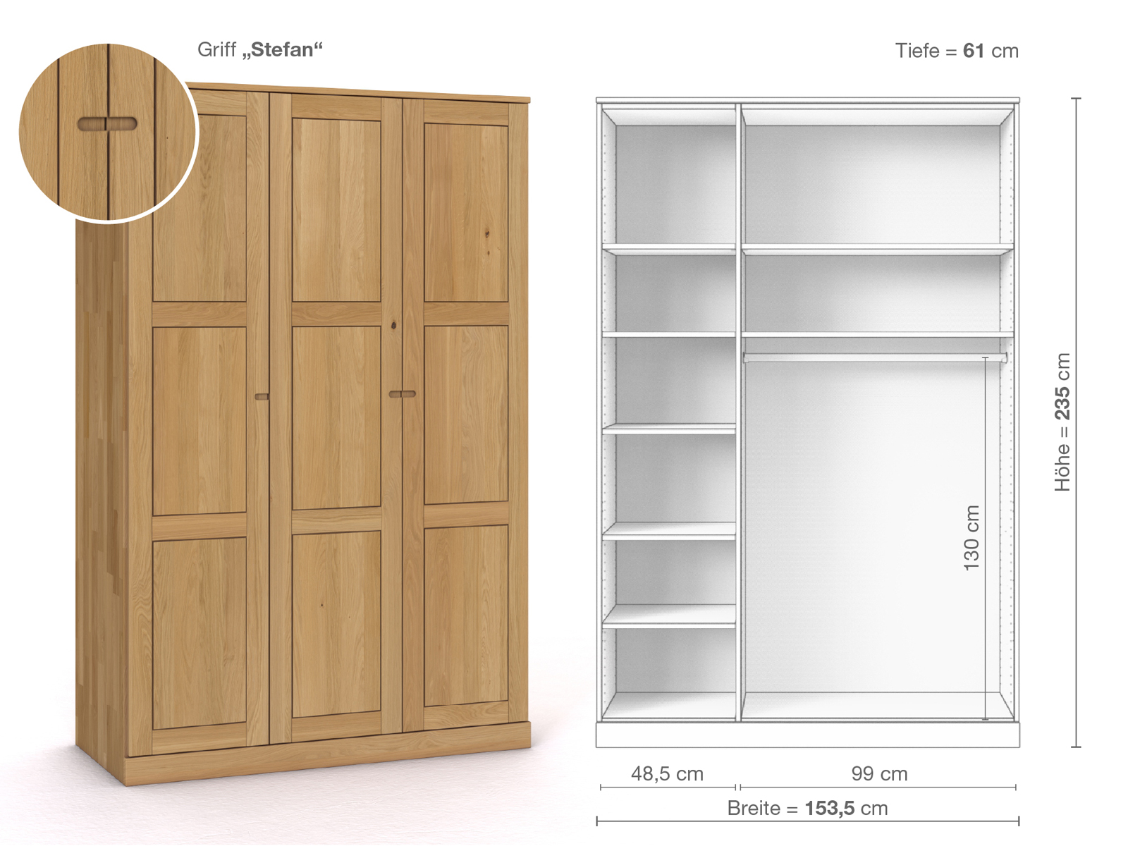 Schrank „Enzian“ aus Eiche Hell, 3-türig, Höhe 235 cm, Griffausführung „Stefan“, Inneneinrichtung B