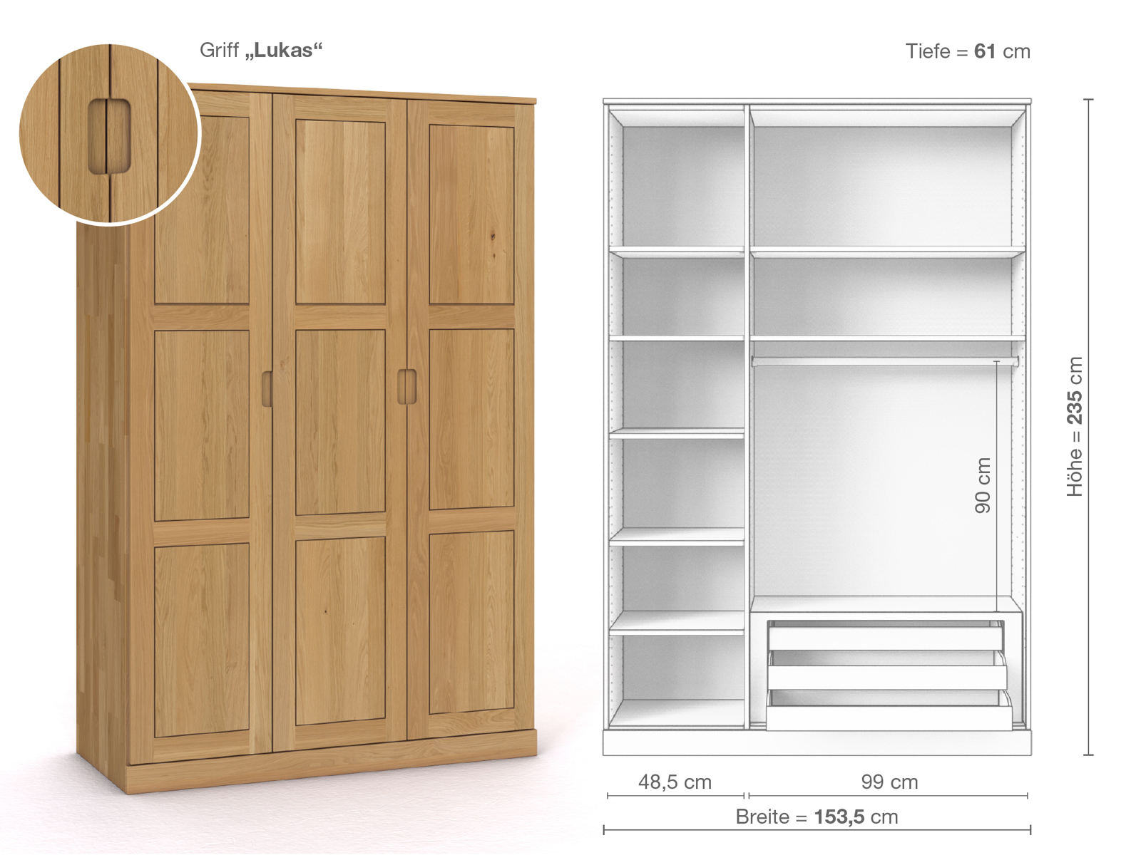 Schrank „Enzian“ aus Eiche Hell, 3-türig, Höhe 235 cm, Griffausführung „Lukas“, Inneneinrichtung C