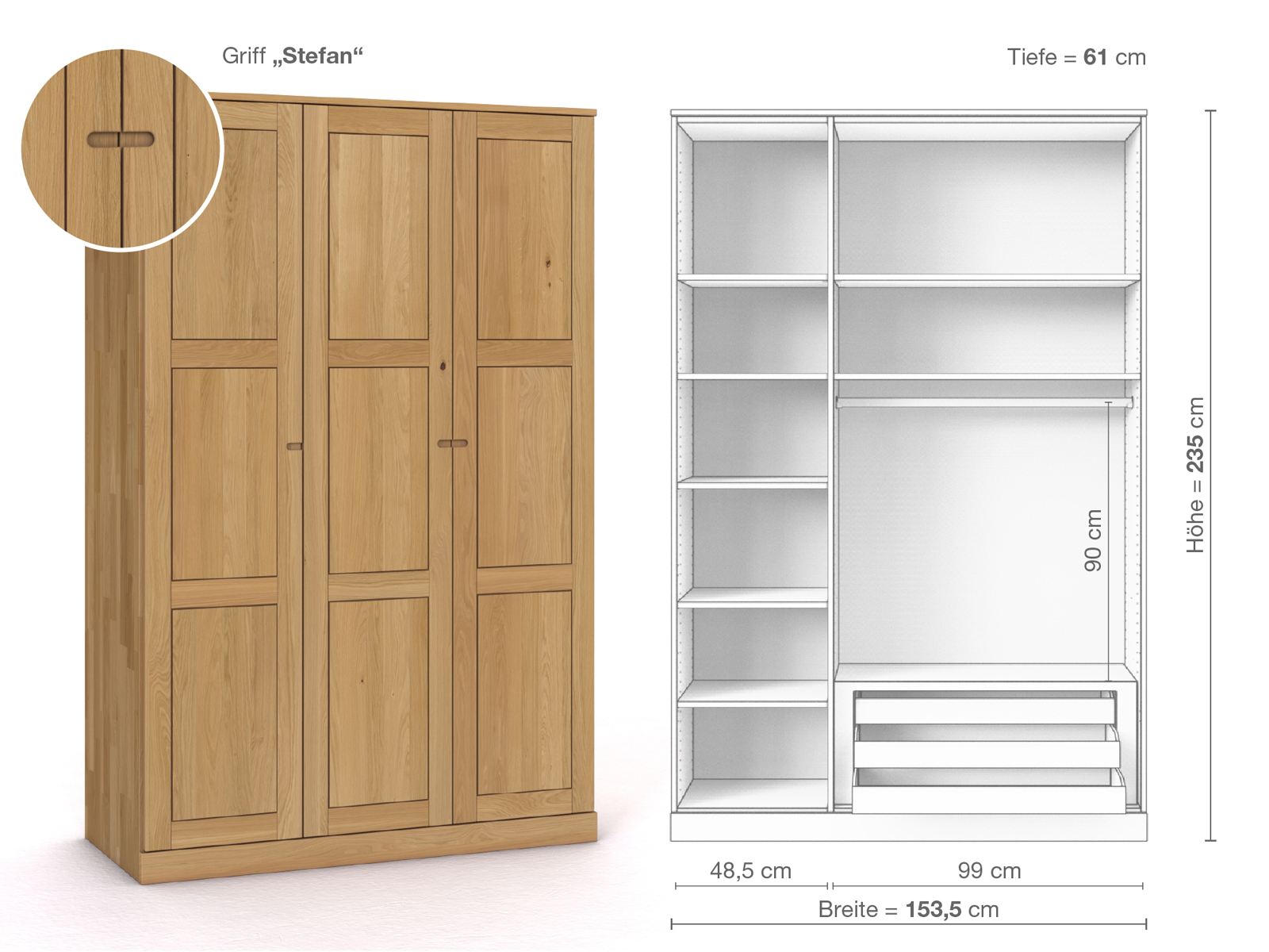 Schrank „Enzian“ aus Eiche Hell, 3-türig, Höhe 235 cm, Griffausführung „Stefan“, Inneneinrichtung C