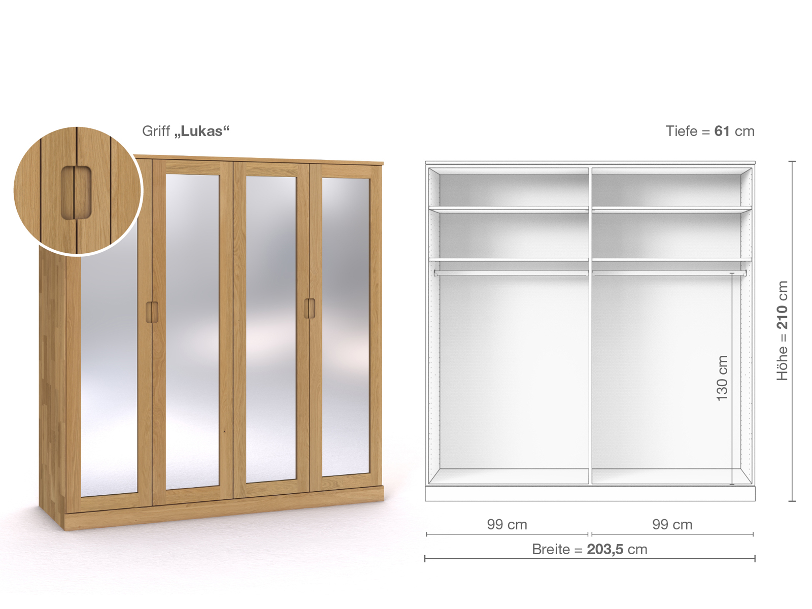 Schrank „Alpenrose“ aus Eiche Hell, 4-türig, Höhe 210 cm, Griffausführung „Lukas“, Inneneinrichtung A