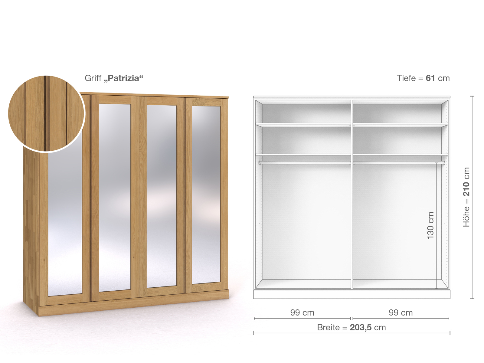 Schrank „Alpenrose“ aus Eiche Hell, 4-türig, Höhe 210 cm, Griffausführung „Patrizia“, Inneneinrichtung A