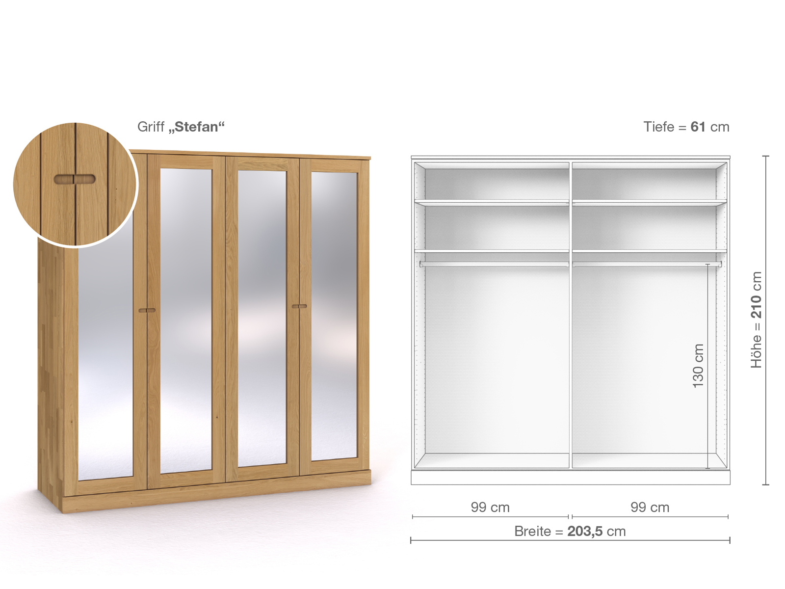 Schrank „Alpenrose“ aus Eiche Hell, 4-türig, Höhe 210 cm, Griffausführung „Stefan“, Inneneinrichtung A