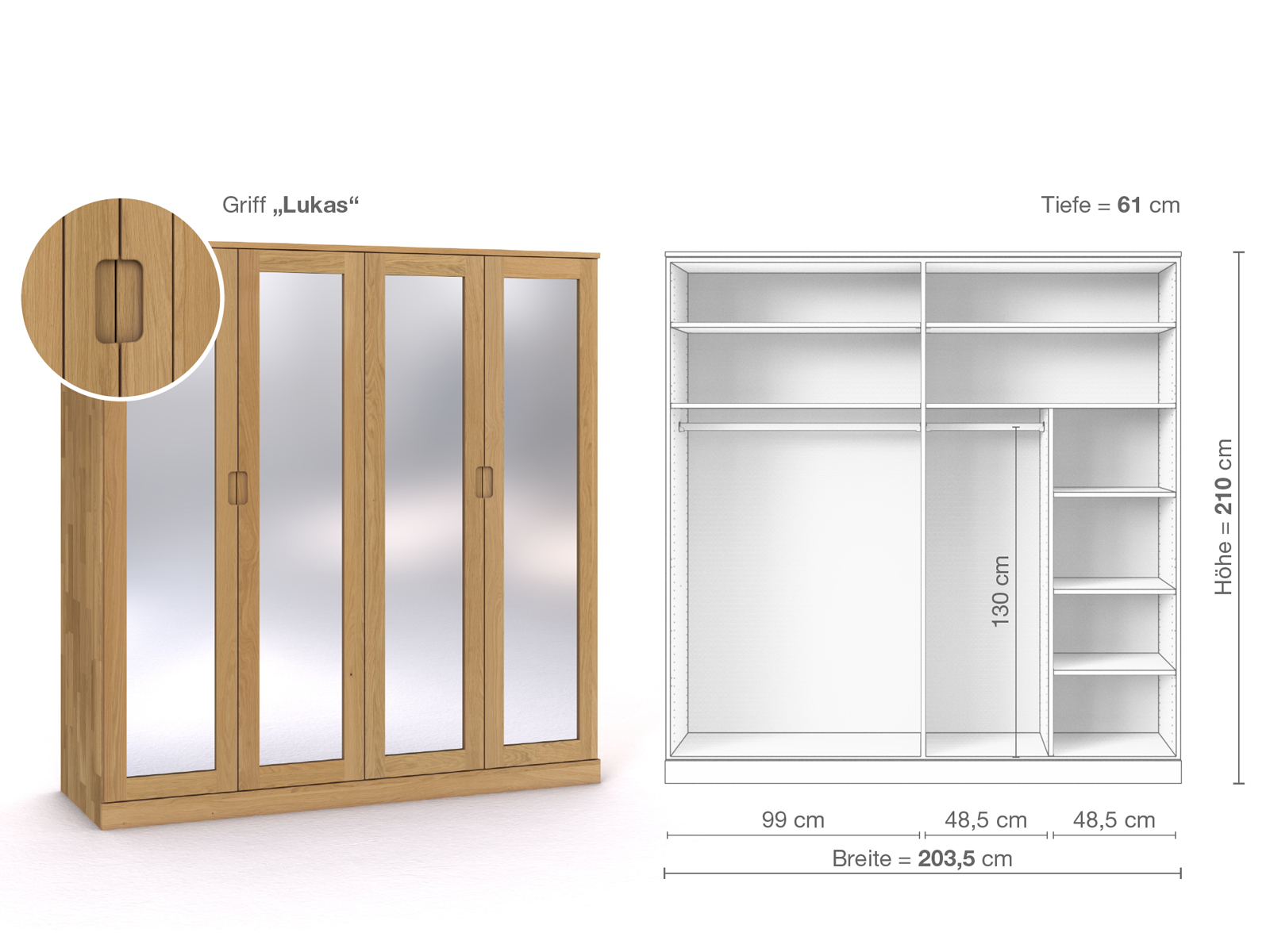 Schrank „Alpenrose“ aus Eiche Hell, 4-türig, Höhe 210 cm, Griffausführung „Lukas“, Inneneinrichtung B