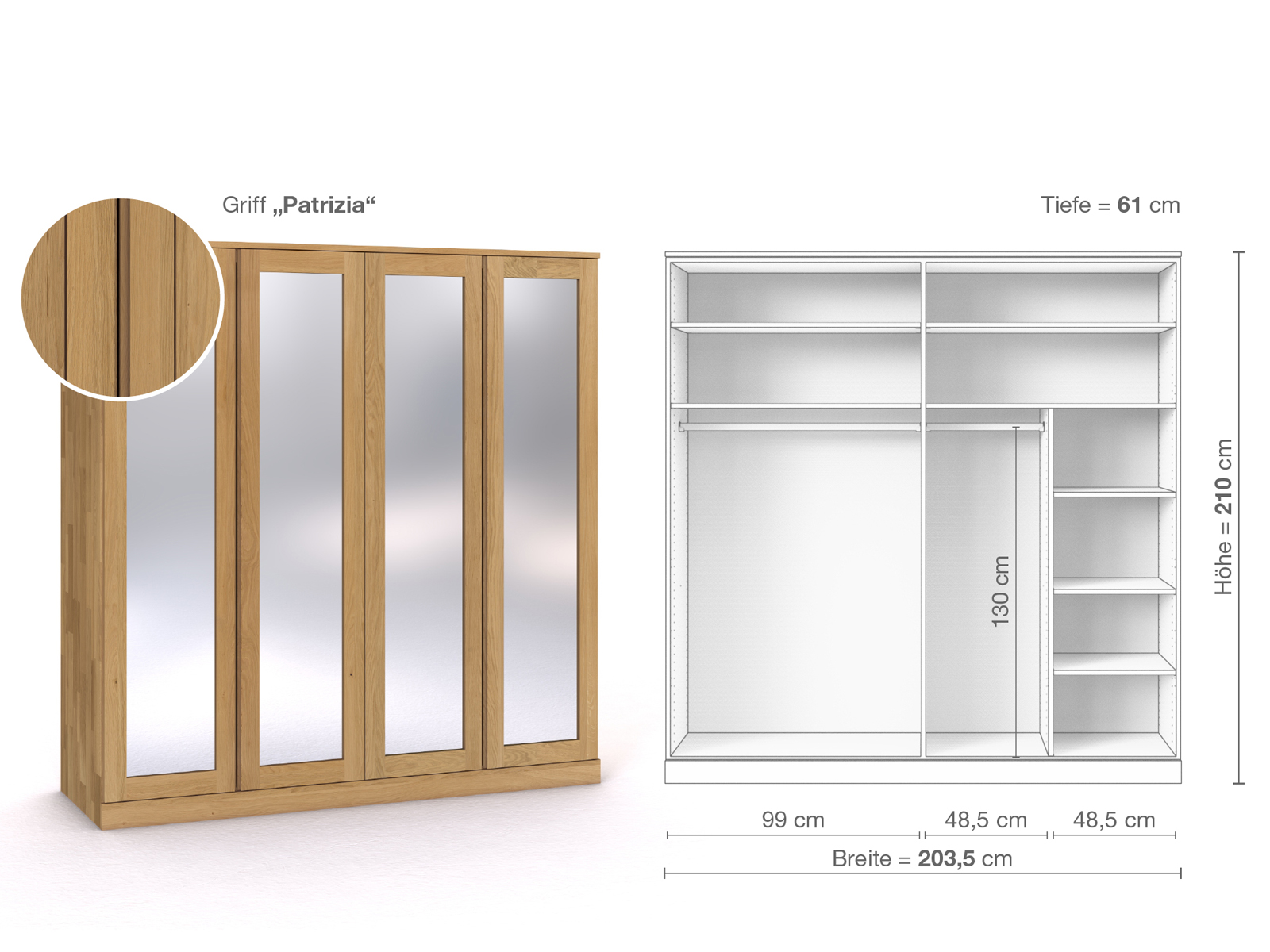 Schrank „Alpenrose“ aus Eiche Hell, 4-türig, Höhe 210 cm, Griffausführung „Patrizia“, Inneneinrichtung B