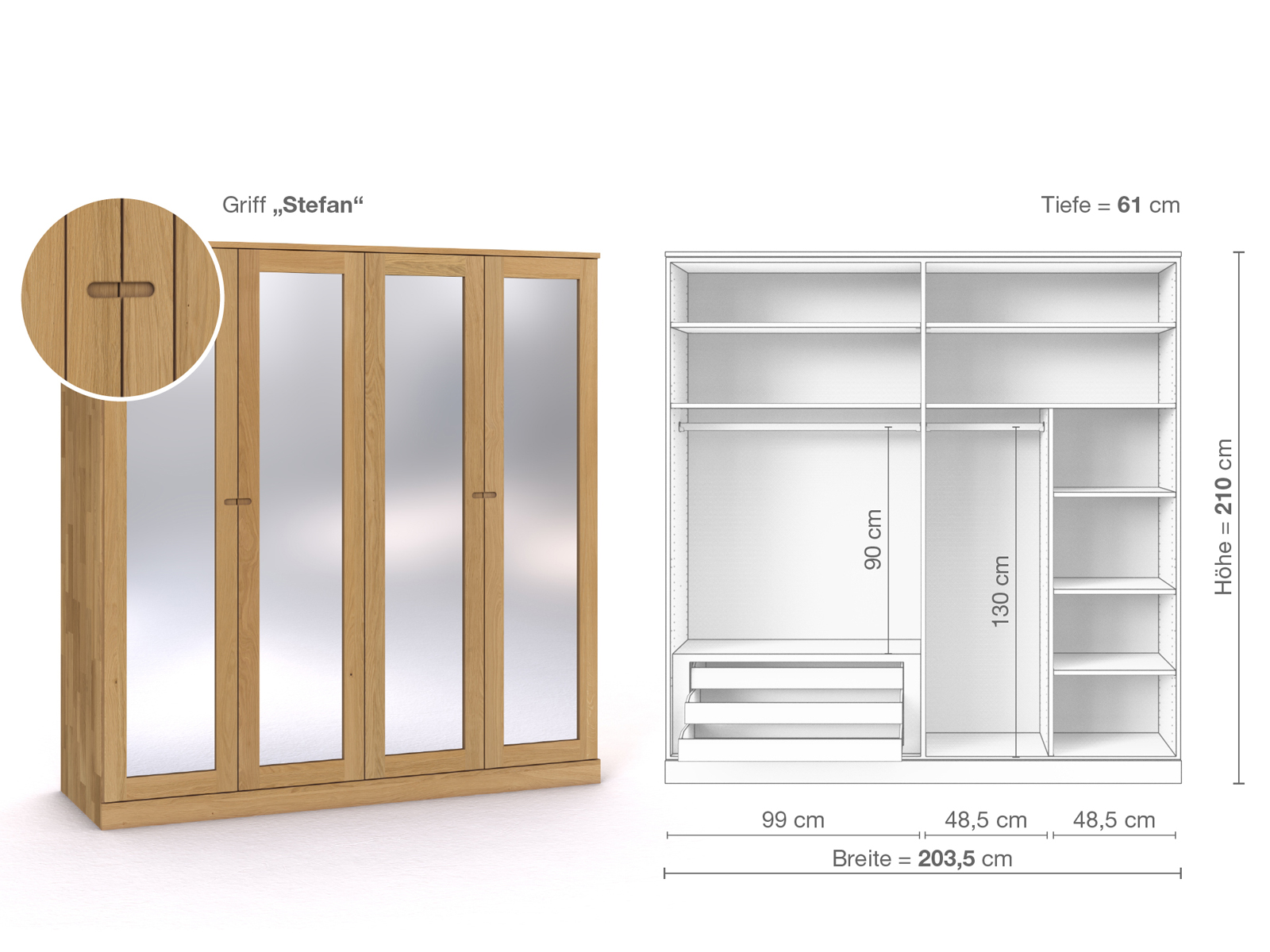 Schrank „Alpenrose“ aus Eiche Hell, 4-türig, Höhe 210 cm, Griffausführung „Stefan“, Inneneinrichtung C