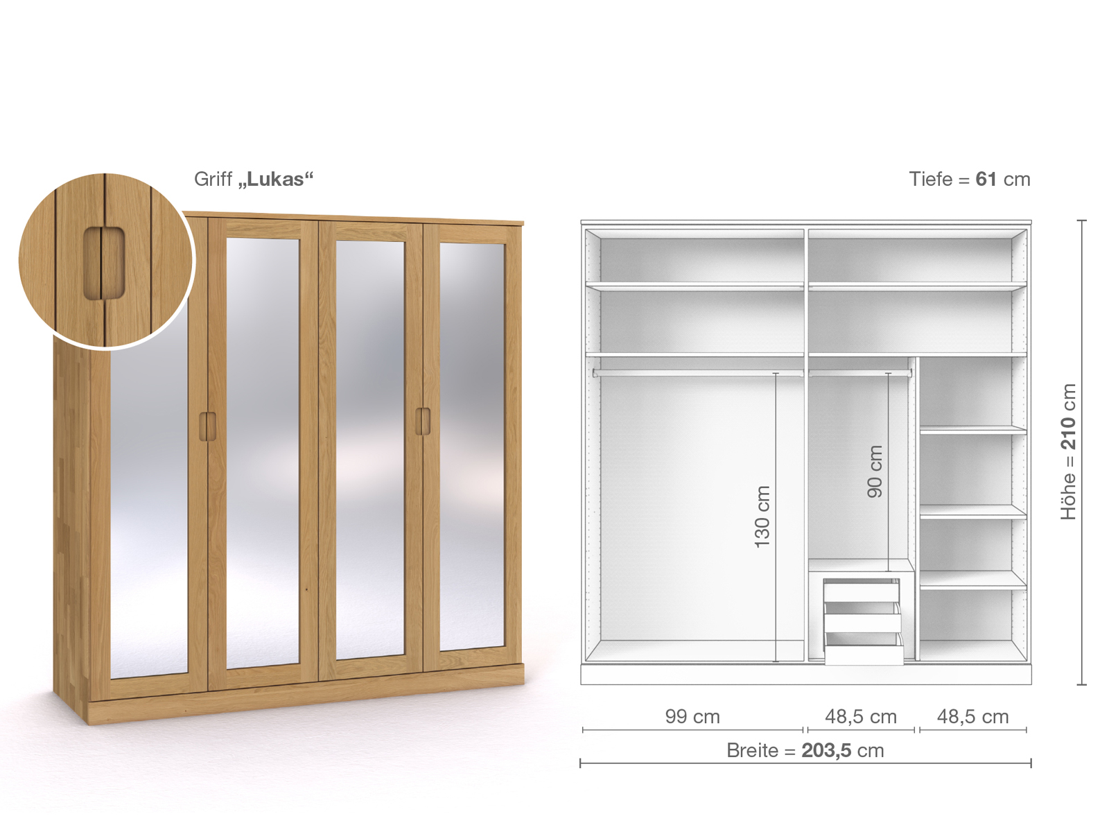 Schrank „Alpenrose“ aus Eiche Hell, 4-türig, Höhe 210 cm, Griffausführung „Lukas“, Inneneinrichtung D