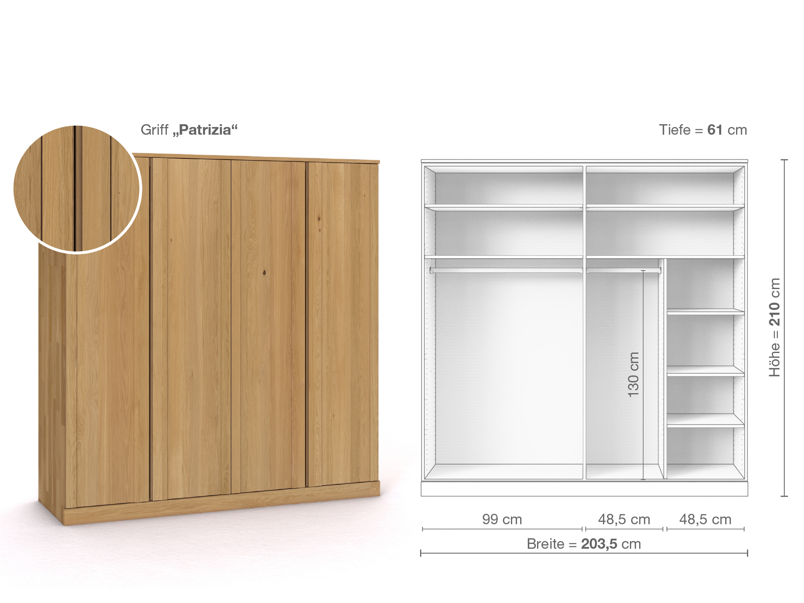 Schrank „Arnika“ aus Eiche Hell, 4-türig, Höhe 210 cm, Griffausführung „Patrizia“, Inneneinrichtung B