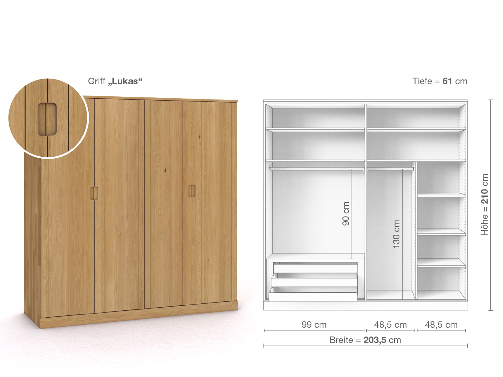 Schrank „Arnika“ aus Eiche Hell, 4-türig, Höhe 210 cm, Griffausführung „Lukas“, Inneneinrichtung C