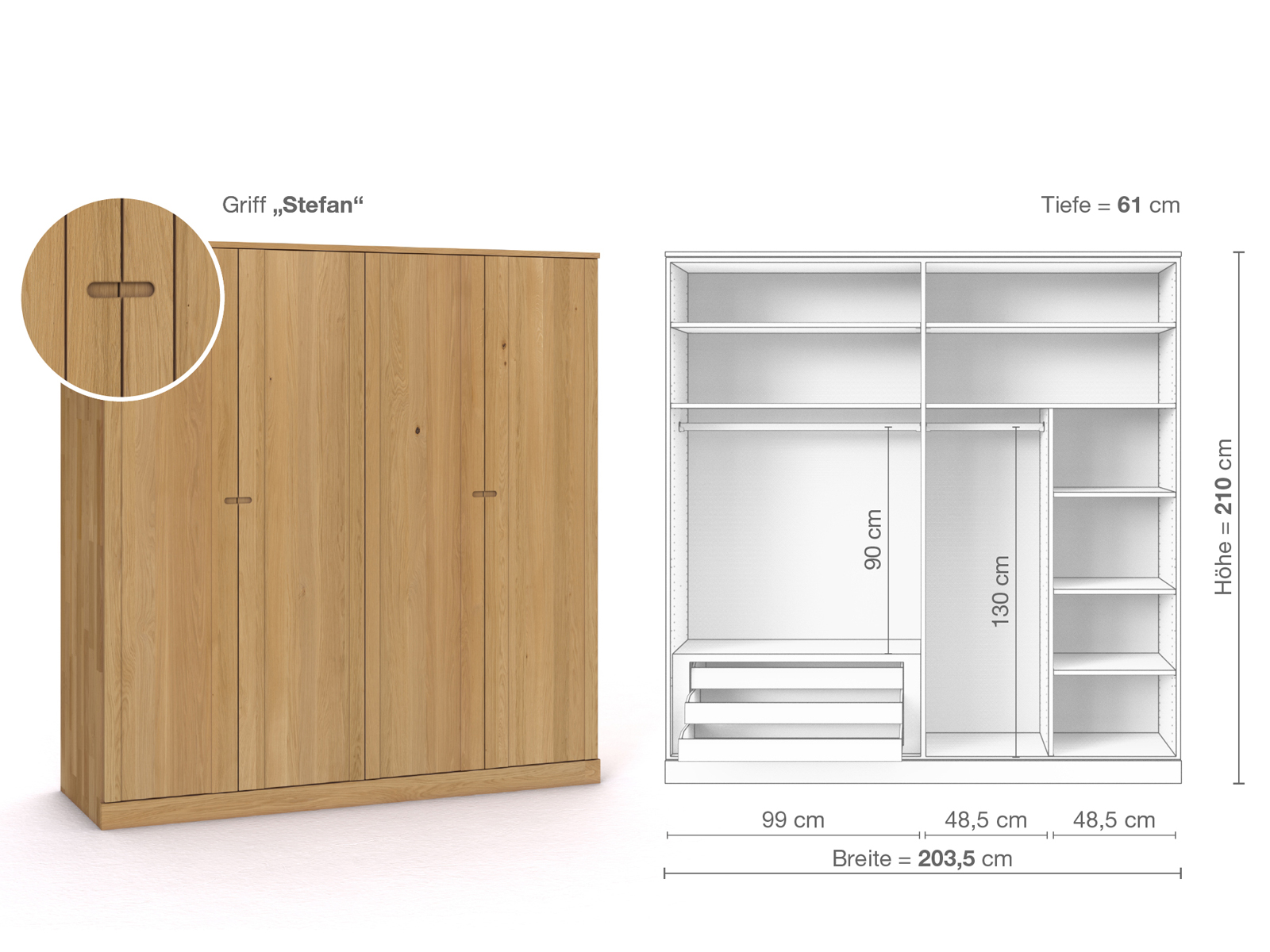 Schrank „Arnika“ aus Eiche Hell, 4-türig, Höhe 210 cm, Griffausführung „Stefan“, Inneneinrichtung C