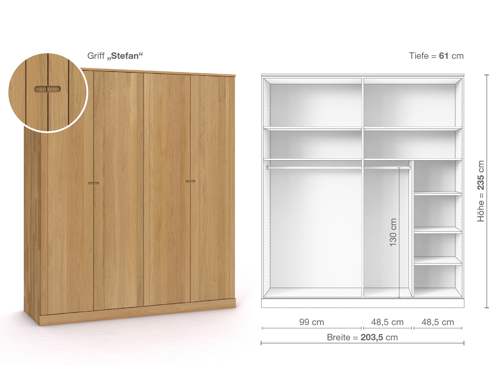 Schrank „Arnika“ aus Eiche Hell, 4-türig, Höhe 235 cm, Griffausführung „Stefan“, Inneneinrichtung B