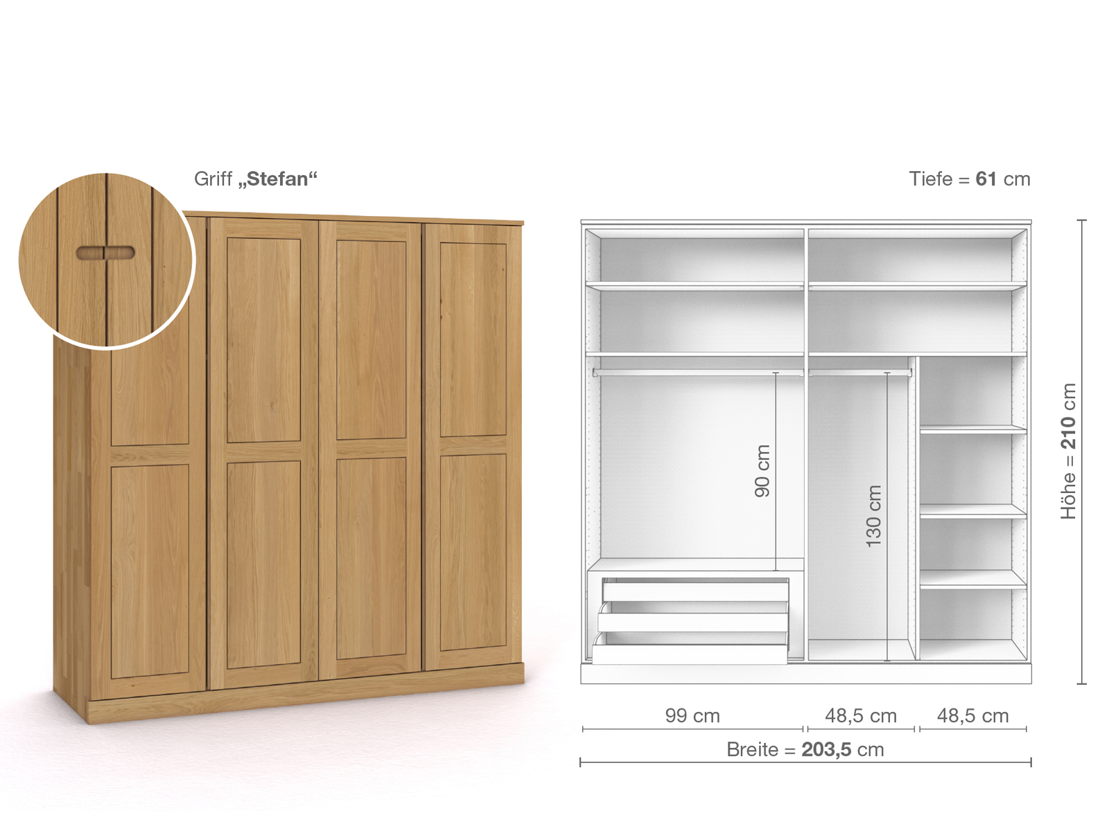 Schrank „Edelweiß“ aus Eiche Hell, 4-türig, Höhe 210 cm, Griffausführung „Stefan“, Inneneinrichtung C