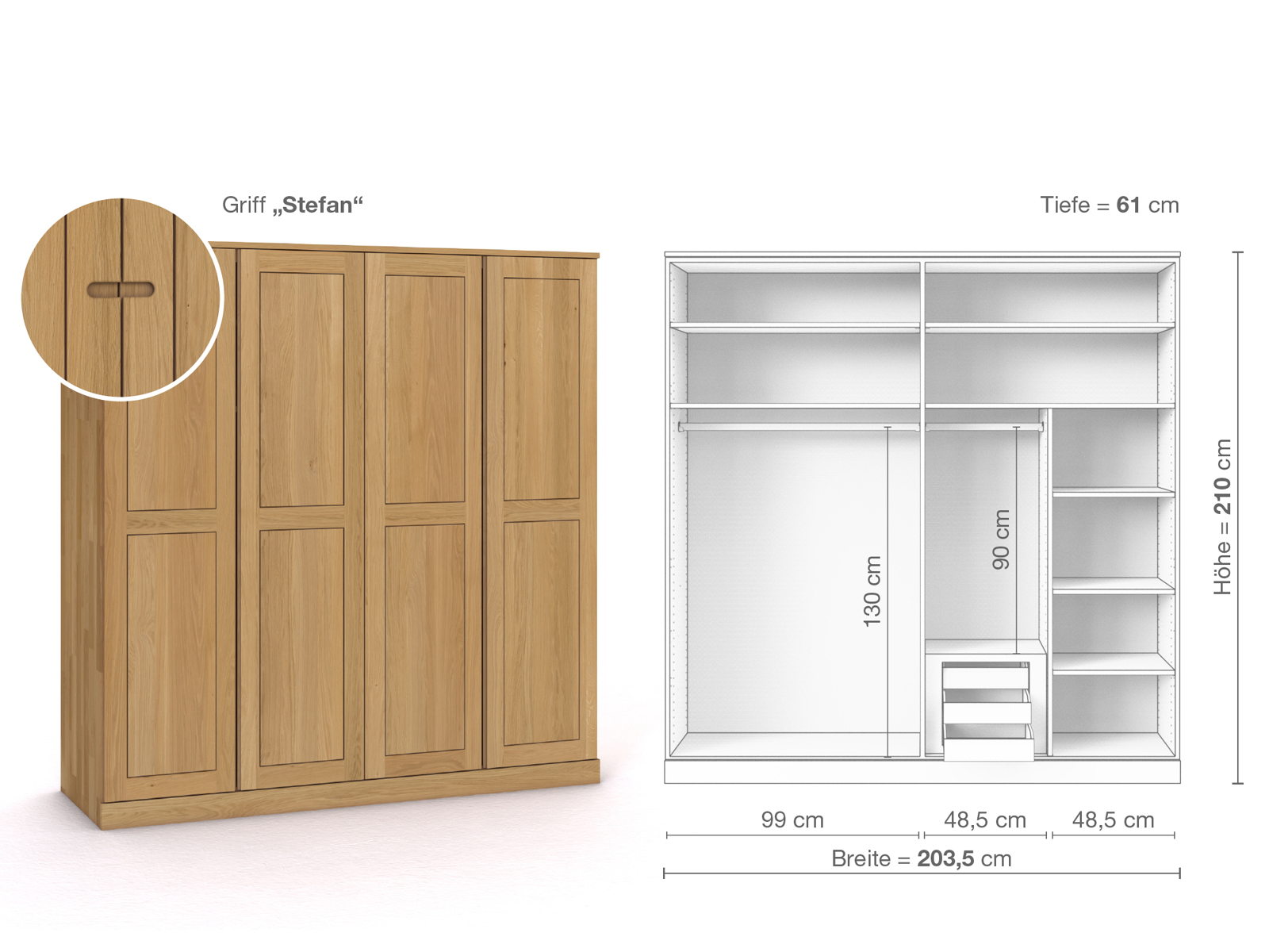 Schrank „Edelweiß“ aus Eiche Hell, 4-türig, Höhe 210 cm, Griffausführung „Stefan“, Inneneinrichtung D