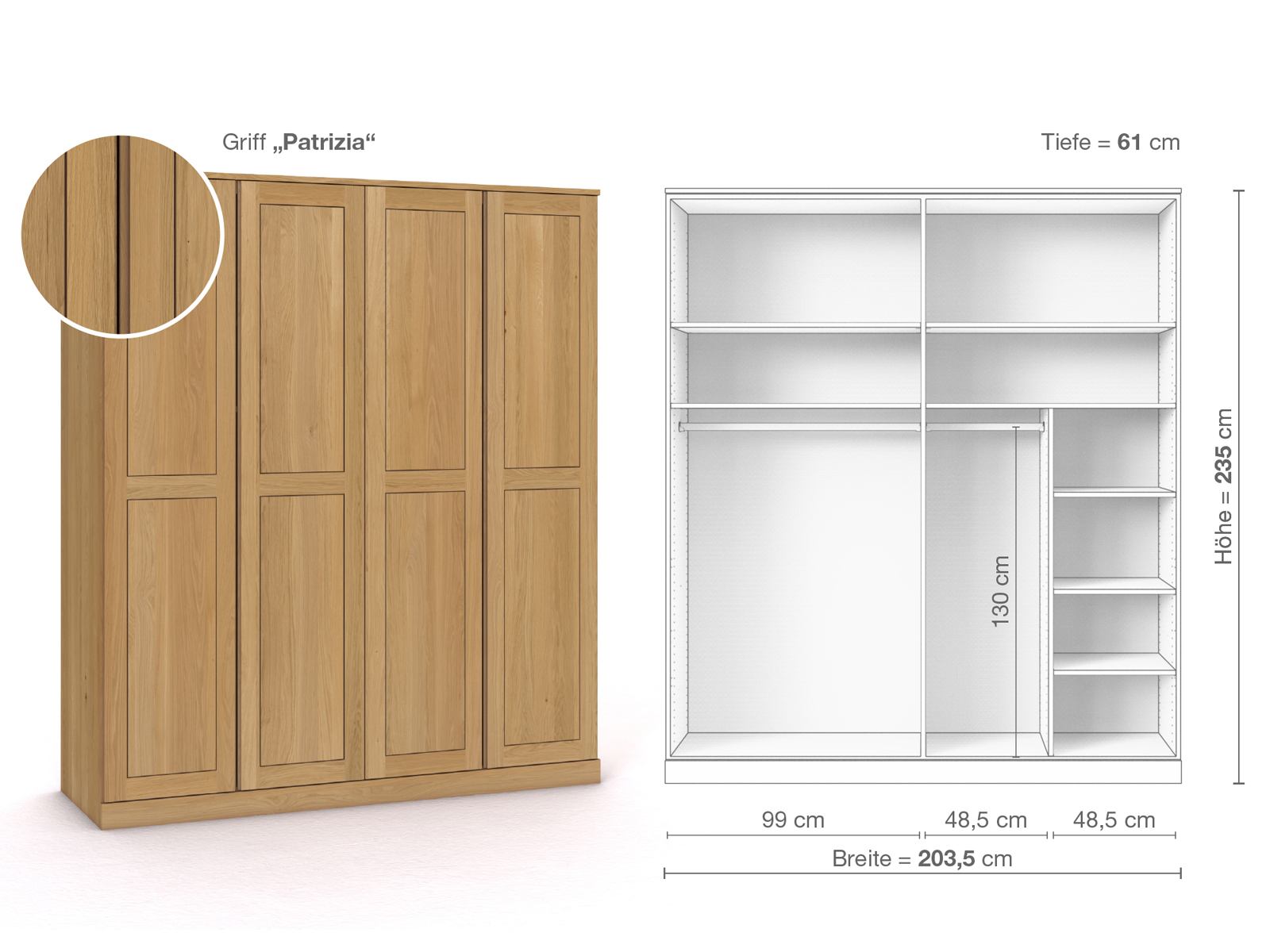 Schrank „Edelweiß“ aus Eiche Hell, 4-türig, Höhe 235 cm, Griffausführung „Patrizia“, Inneneinrichtung B
