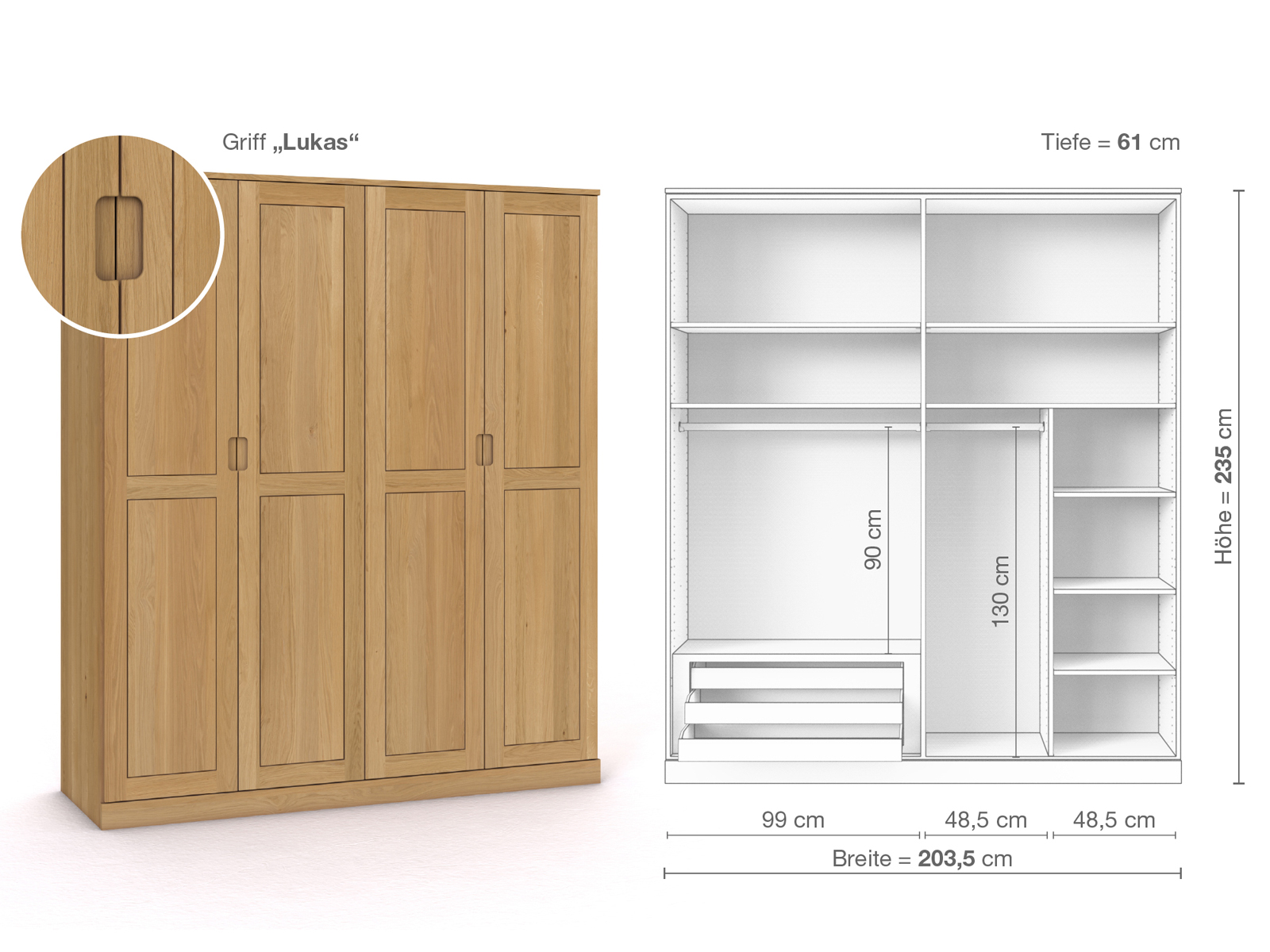 Schrank „Edelweiß“ aus Eiche Hell, 4-türig, Höhe 235 cm, Griffausführung „Lukas“, Inneneinrichtung C