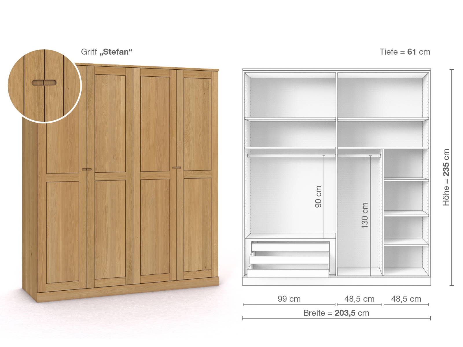 Schrank „Edelweiß“ aus Eiche Hell, 4-türig, Höhe 235 cm, Griffausführung „Stefan“, Inneneinrichtung C