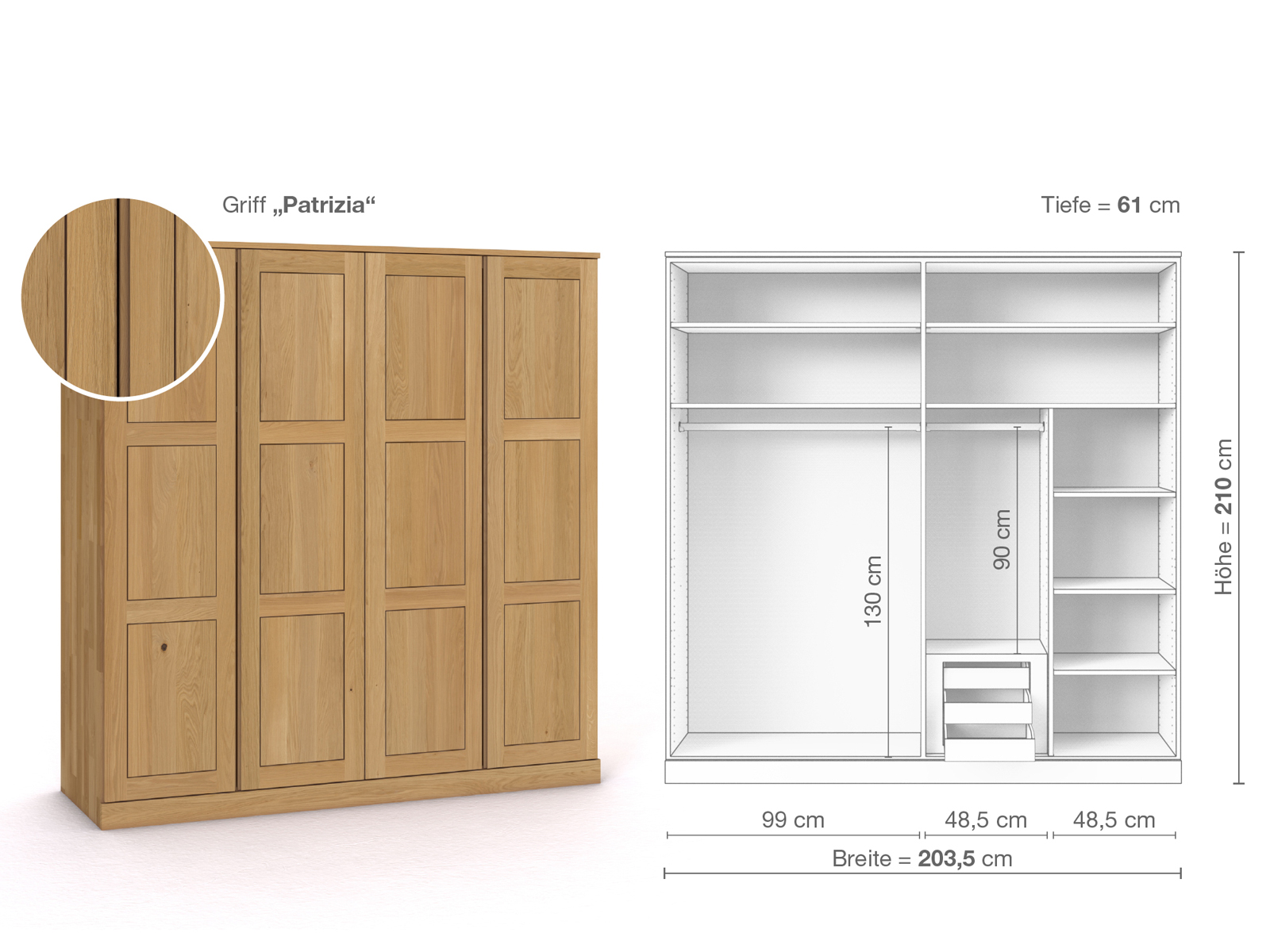 Schrank „Enzian“ aus Eiche Hell, 4-türig, Höhe 210 cm, Griffausführung „Patrizia“, Inneneinrichtung D