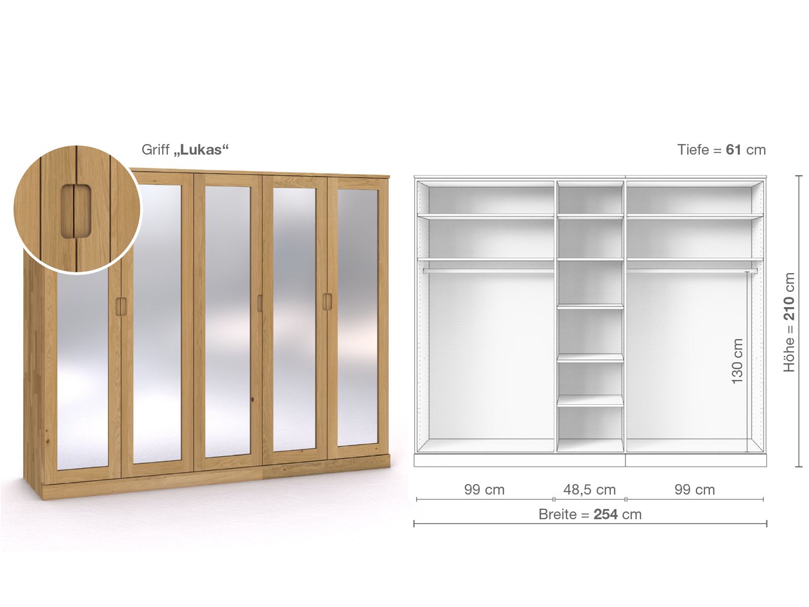 Schrank „Alpenrose“ aus Eiche Hell, 5-türig, Höhe 210 cm, Griffausführung „Lukas“, Inneneinrichtung B