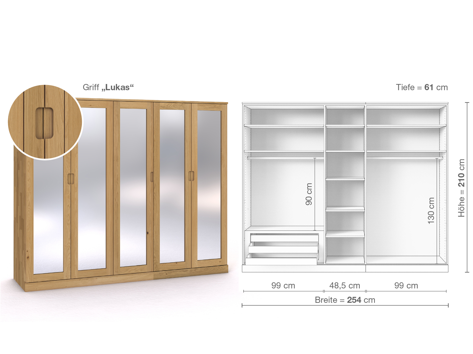 Schrank „Alpenrose“ aus Eiche Hell, 5-türig, Höhe 210 cm, Griffausführung „Lukas“, Inneneinrichtung C